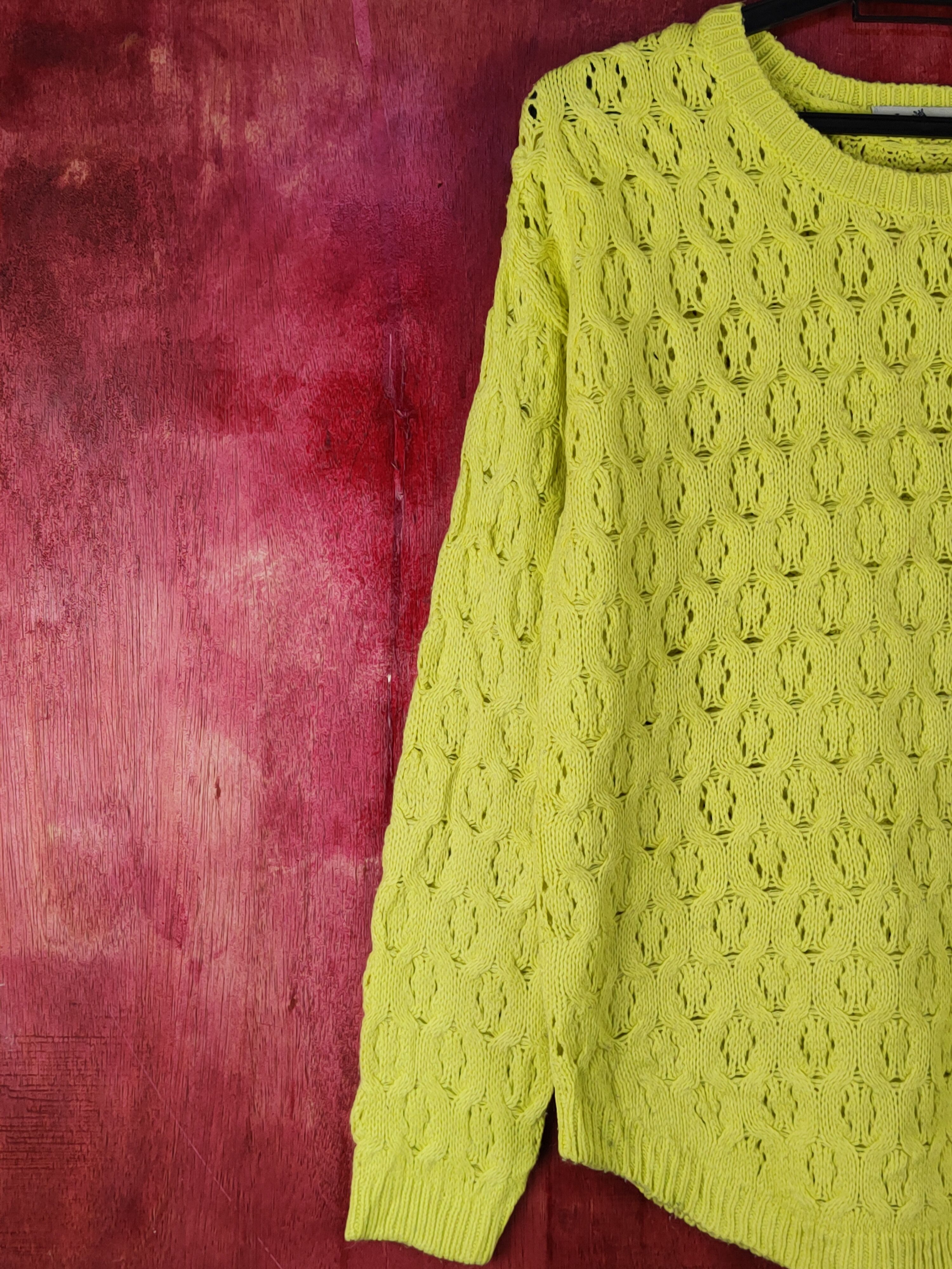 Homespun Knitwear Le-Queen Yellow/Green Crochet Meshnet Knit Sweatshirt #S1027 Size M / US 6-8 / IT 42-44 - 3 Thumbnail