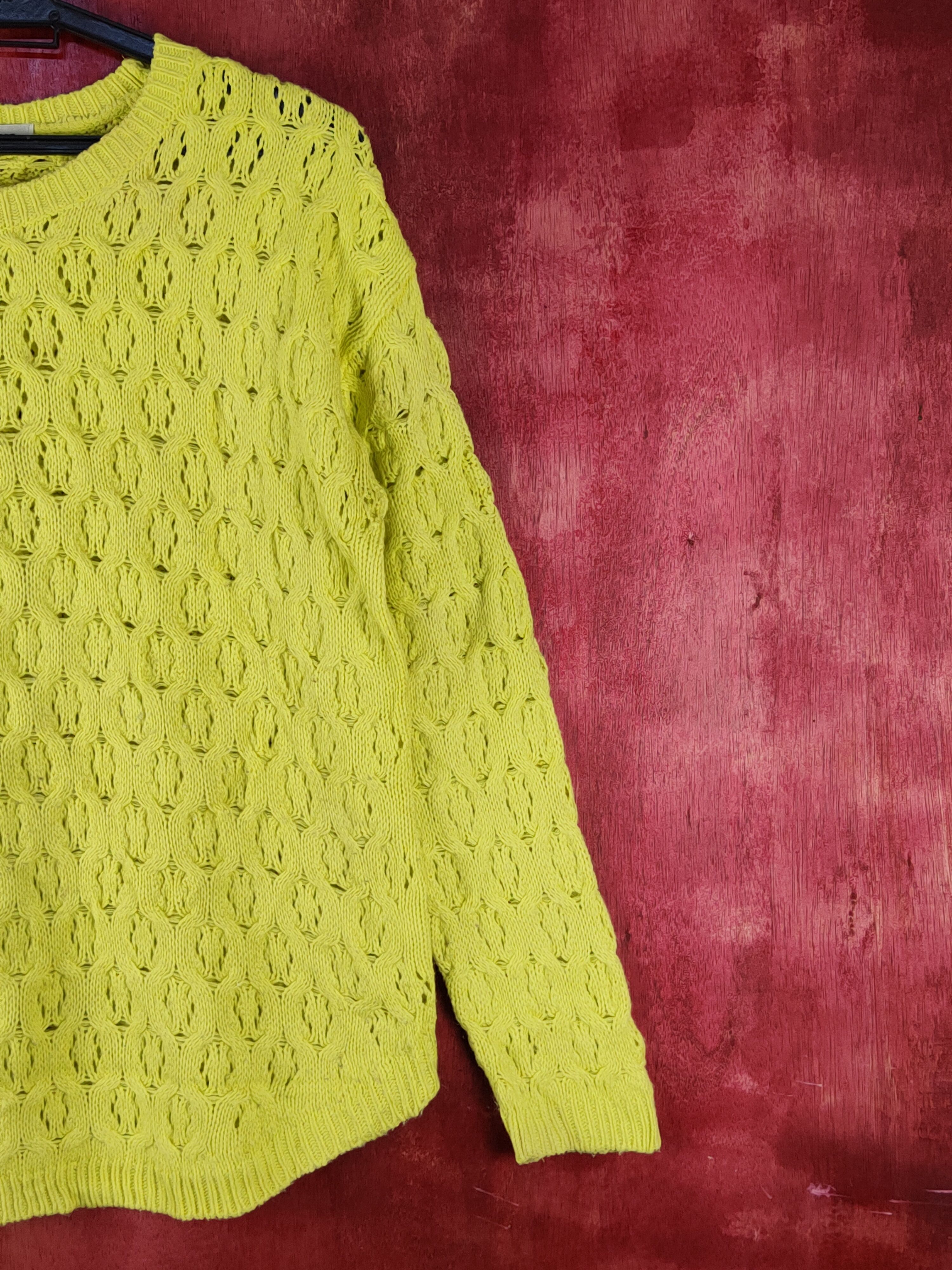 Homespun Knitwear Le-Queen Yellow/Green Crochet Meshnet Knit Sweatshirt #S1027 Size M / US 6-8 / IT 42-44 - 4 Thumbnail