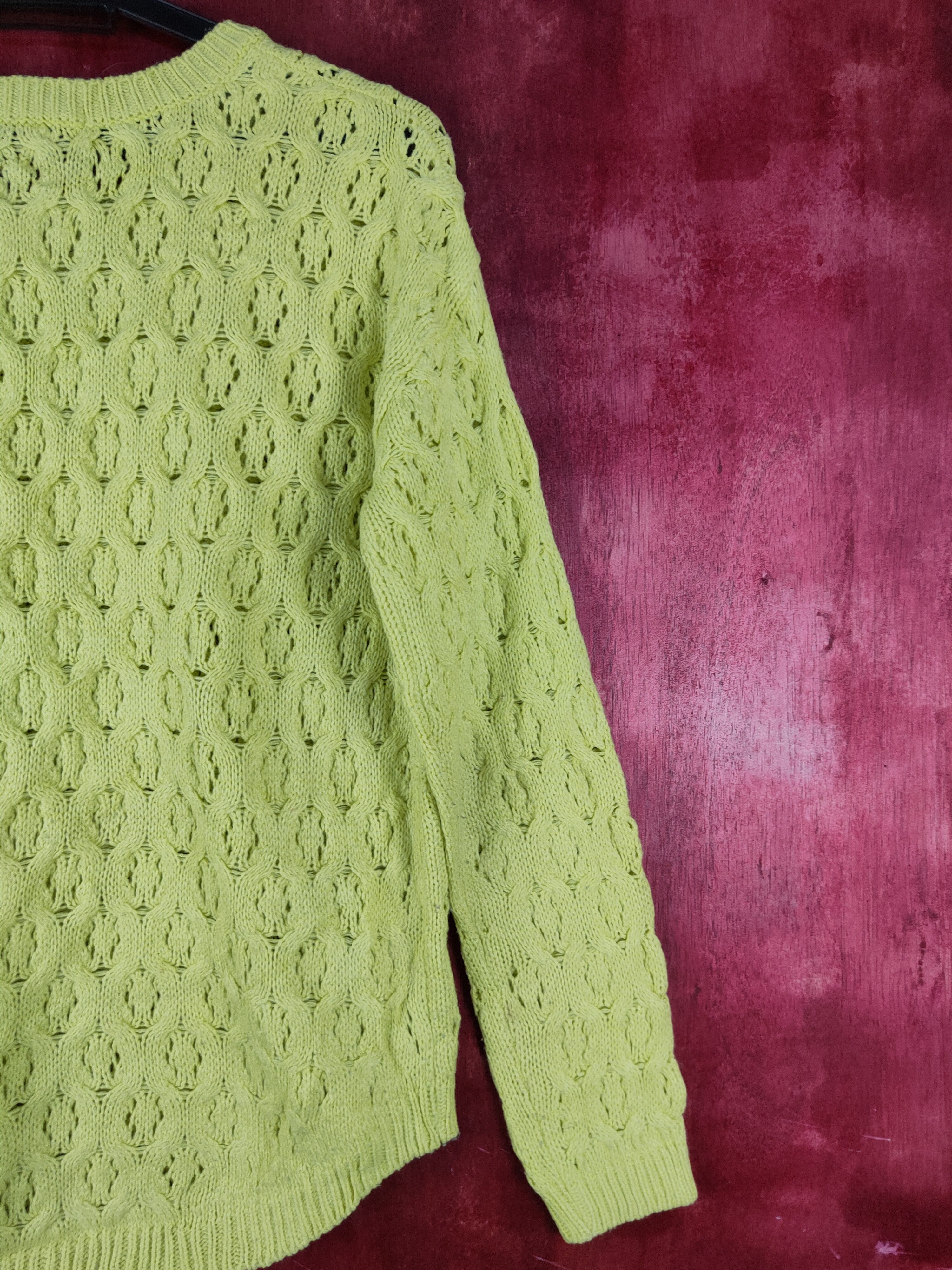 Homespun Knitwear Le-Queen Yellow/Green Crochet Meshnet Knit Sweatshirt #S1027 Size M / US 6-8 / IT 42-44 - 9 Thumbnail