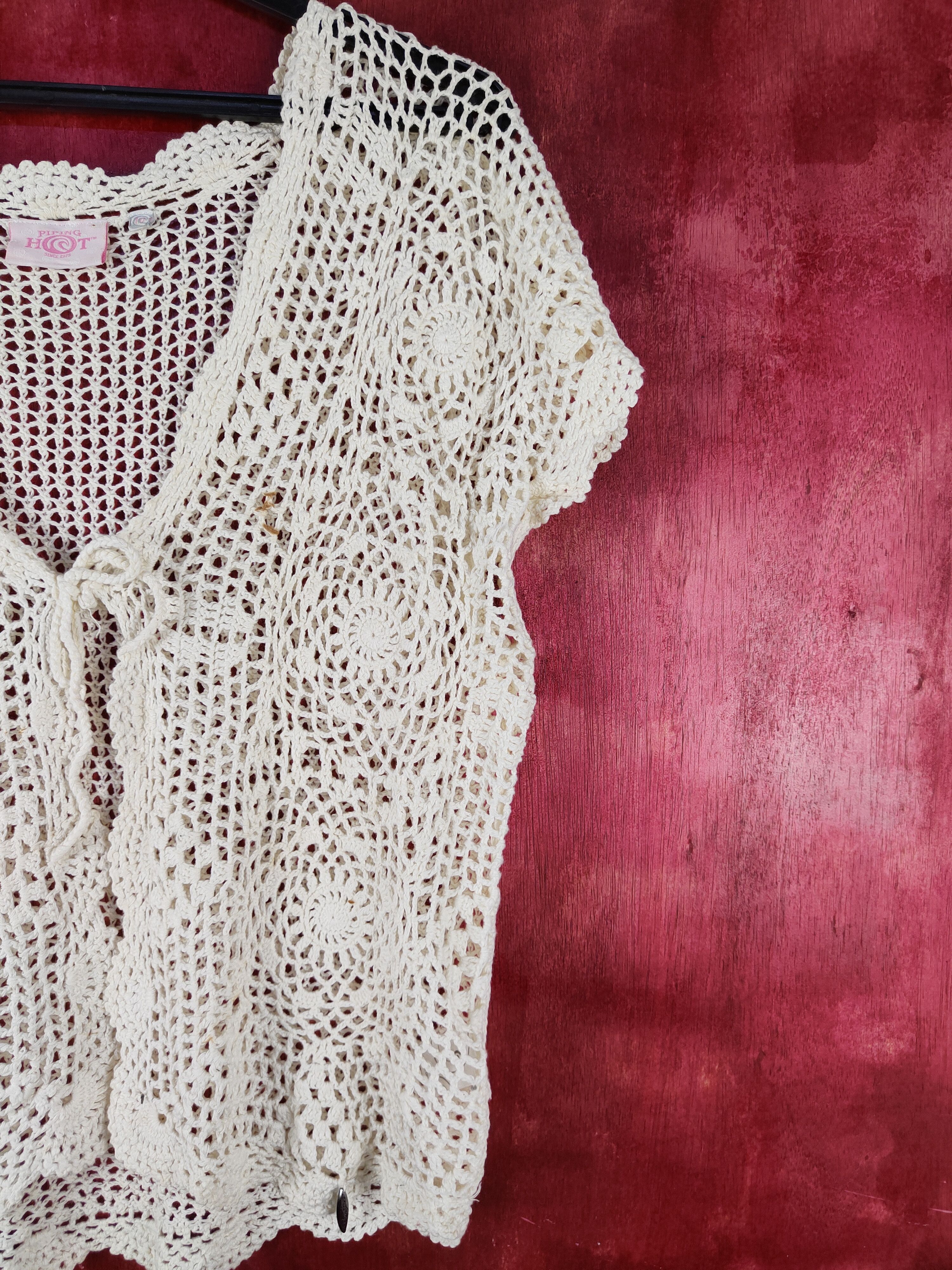 Homespun Knitwear Piping Hot Cream Crochet Meshnet Knitwear Cardigan #S1022 Size M / US 6-8 / IT 42-44 - 5 Thumbnail