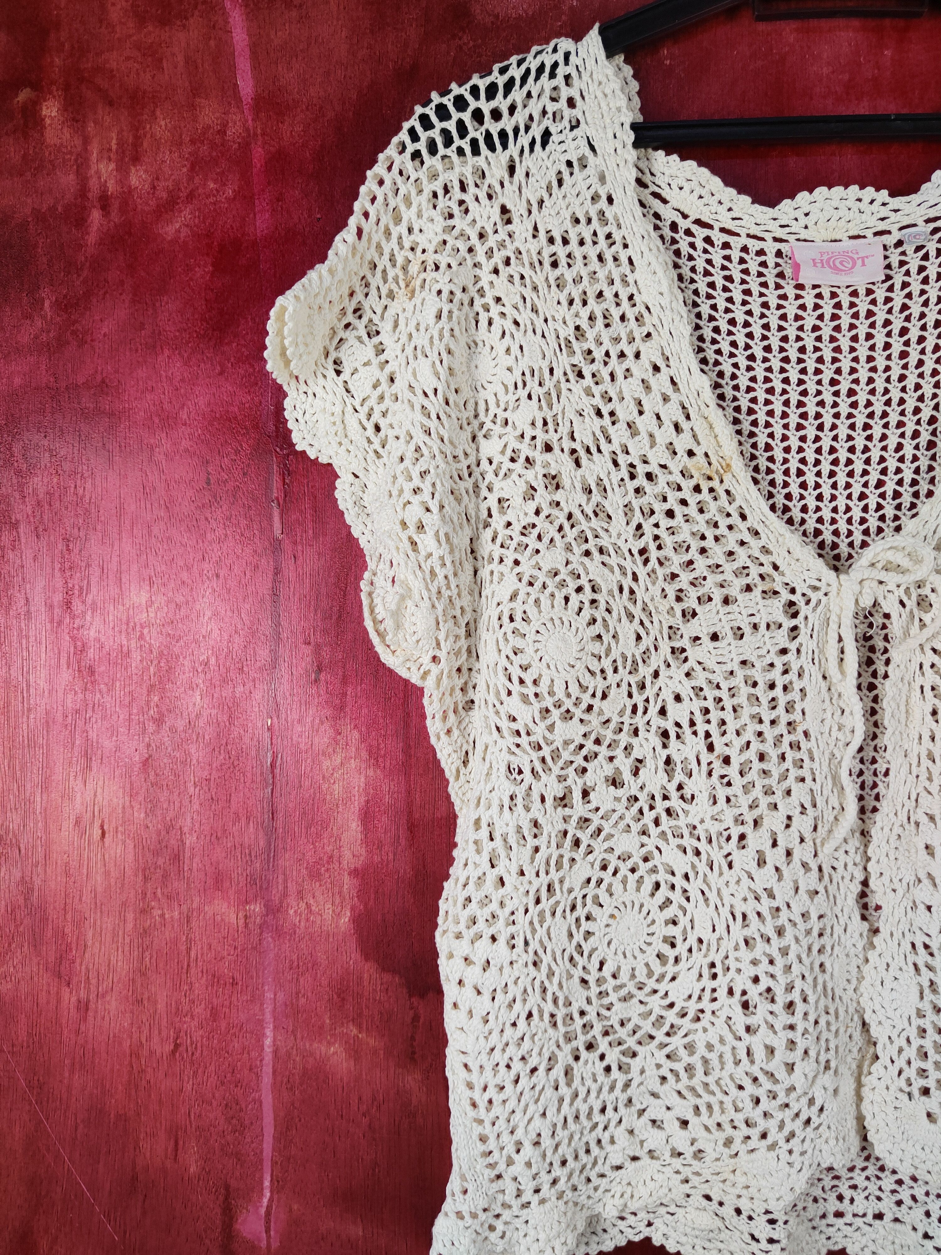 Homespun Knitwear Piping Hot Cream Crochet Meshnet Knitwear Cardigan #S1022 Size M / US 6-8 / IT 42-44 - 3 Thumbnail