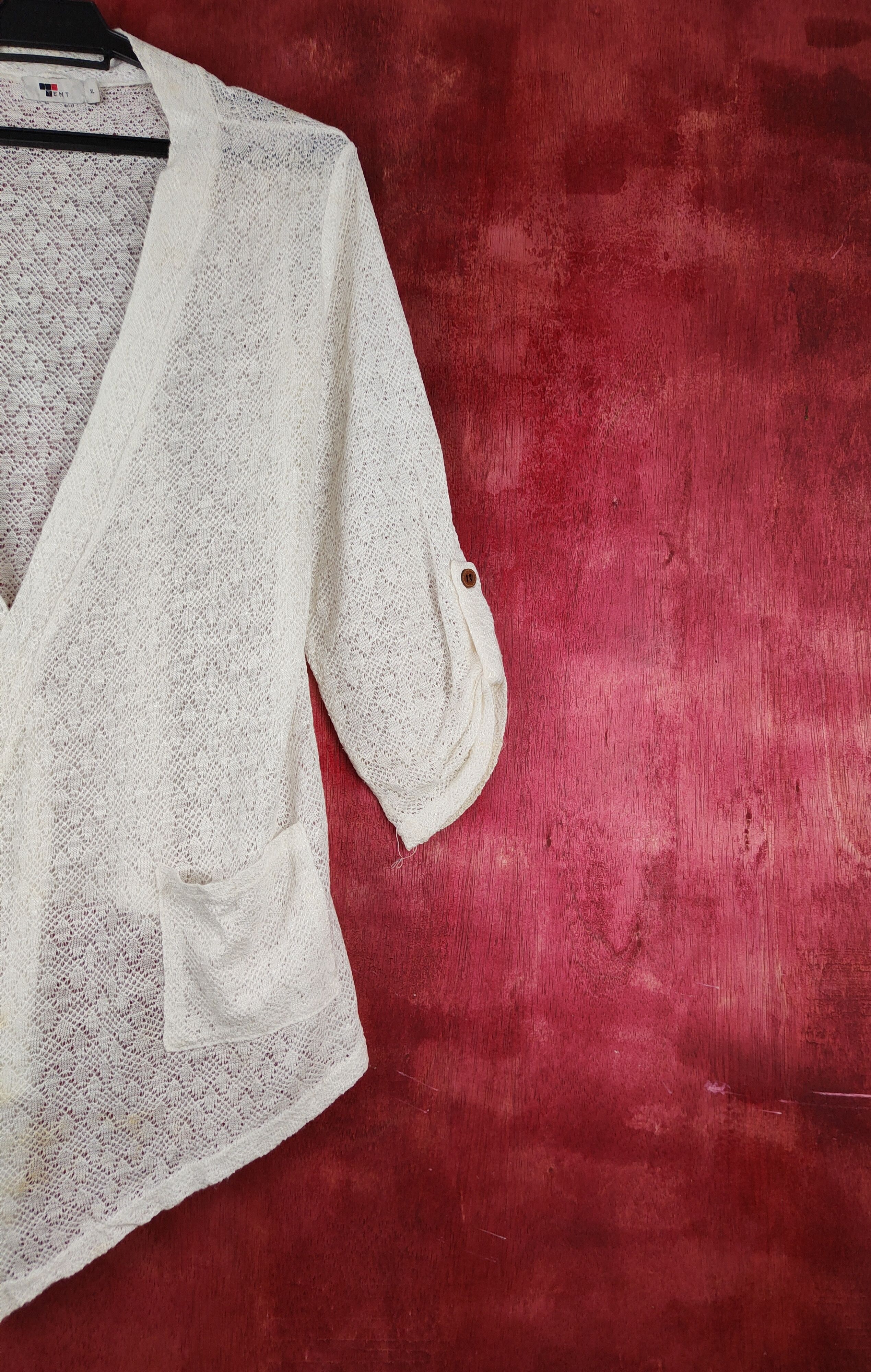Homespun Knitwear Temt Ivory Crochet Meshnet Knitwear Cardigan #S1005 Size XL / US 12-14 / IT 48-50 - 6 Thumbnail