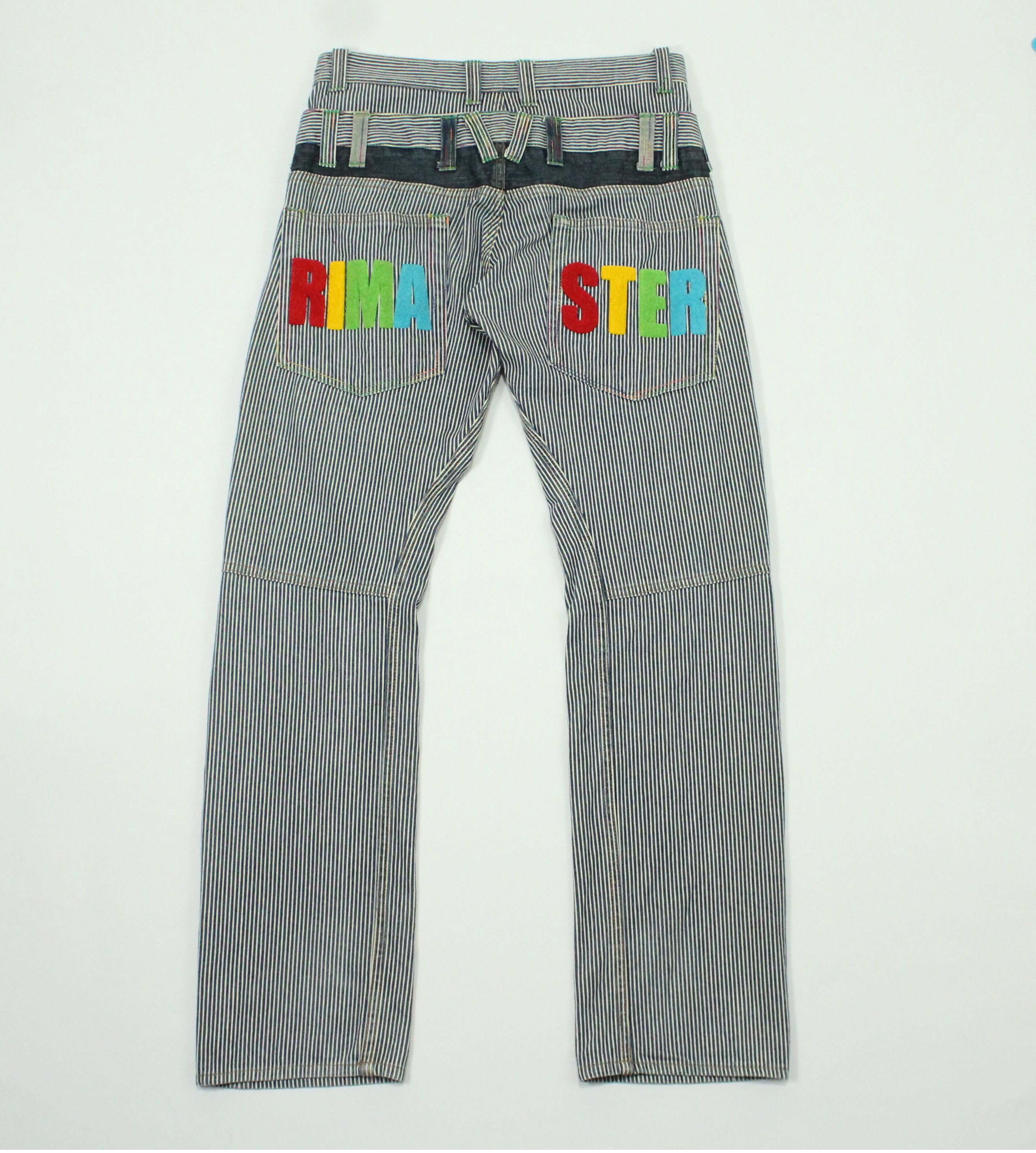 image of Hysteric Glamour x Ppfm Sick Double Waist Hickory Pants Rimaster Rainbow Logo in White Blue (Size 3