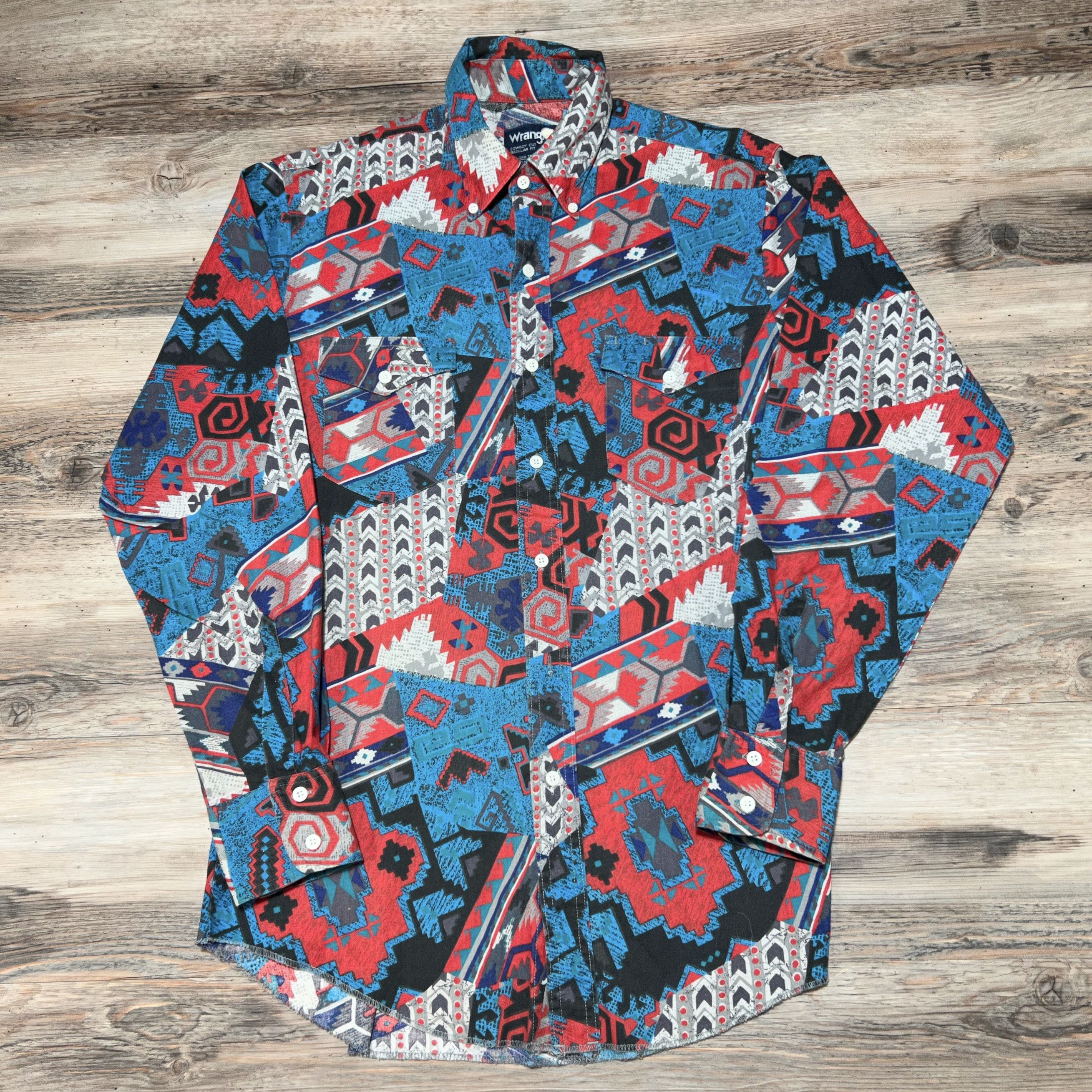 90’s Men's Southwestern Pearl Snap Button Up Shirt by Wrangler