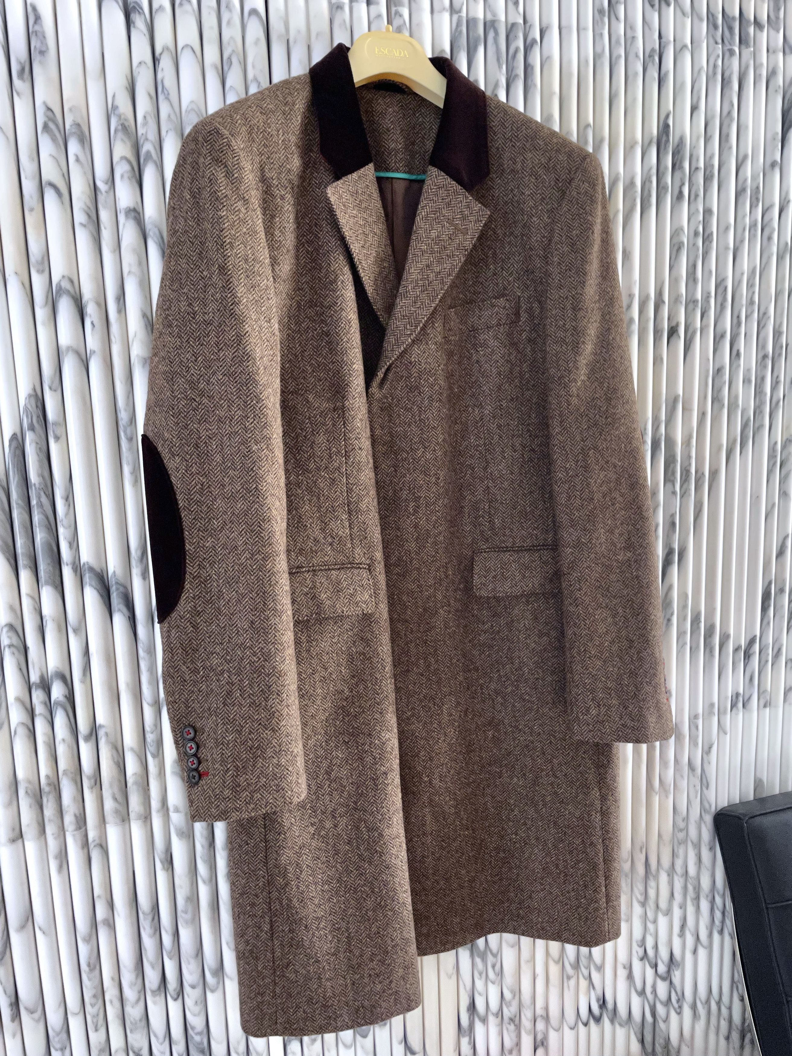 Thomas Pink VELVET COLLAR HERRINGBONE TWEED CHESTERFIELD COAT Size US L / EU 52-54 / 3 - 2 Thumbnail