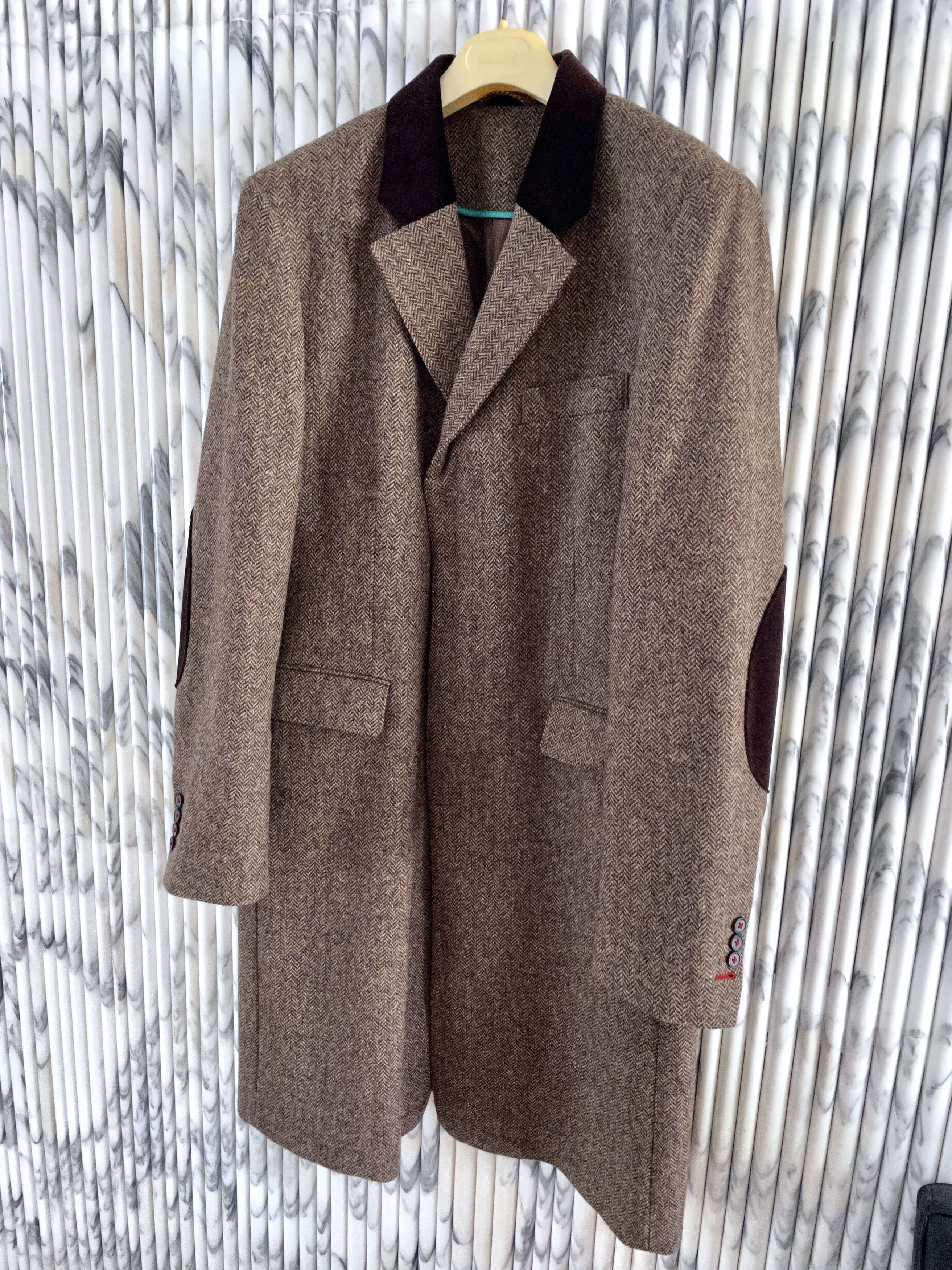 Thomas Pink VELVET COLLAR HERRINGBONE TWEED CHESTERFIELD COAT Size US L / EU 52-54 / 3 - 3 Thumbnail