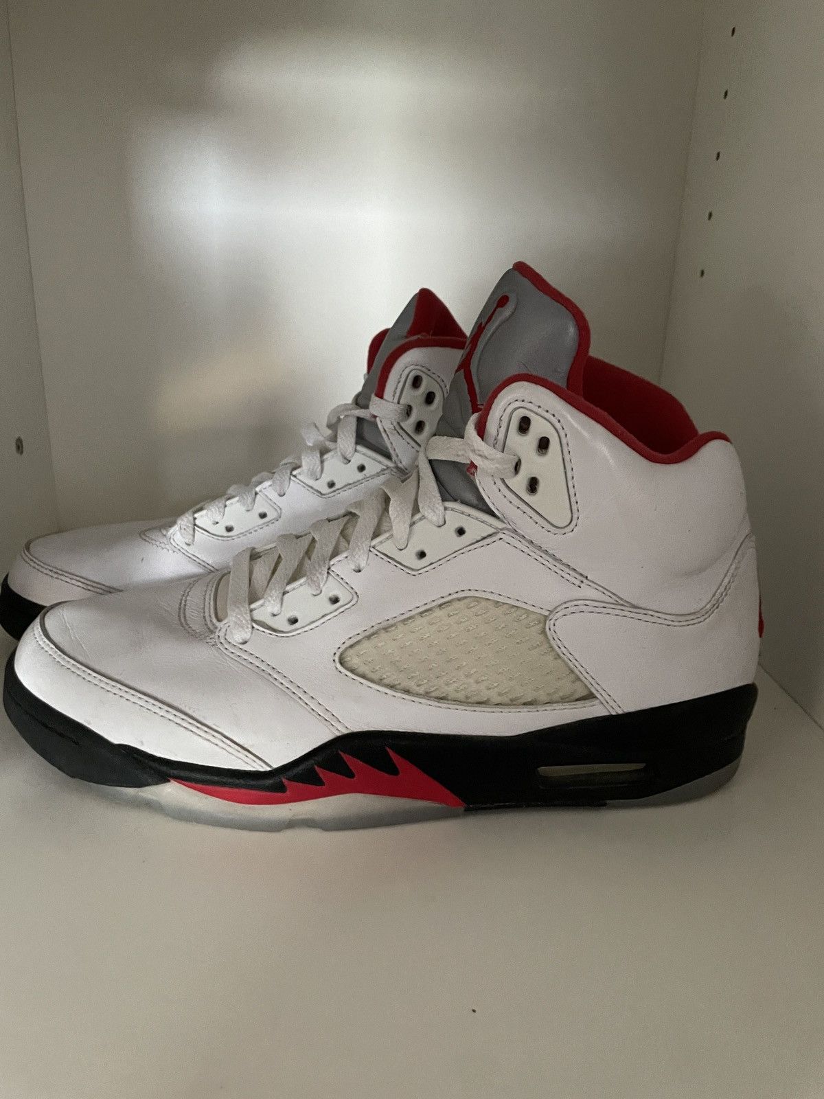 image of Jordan Brand 5 Fire Red Shoes in White, Men's (Size 9)