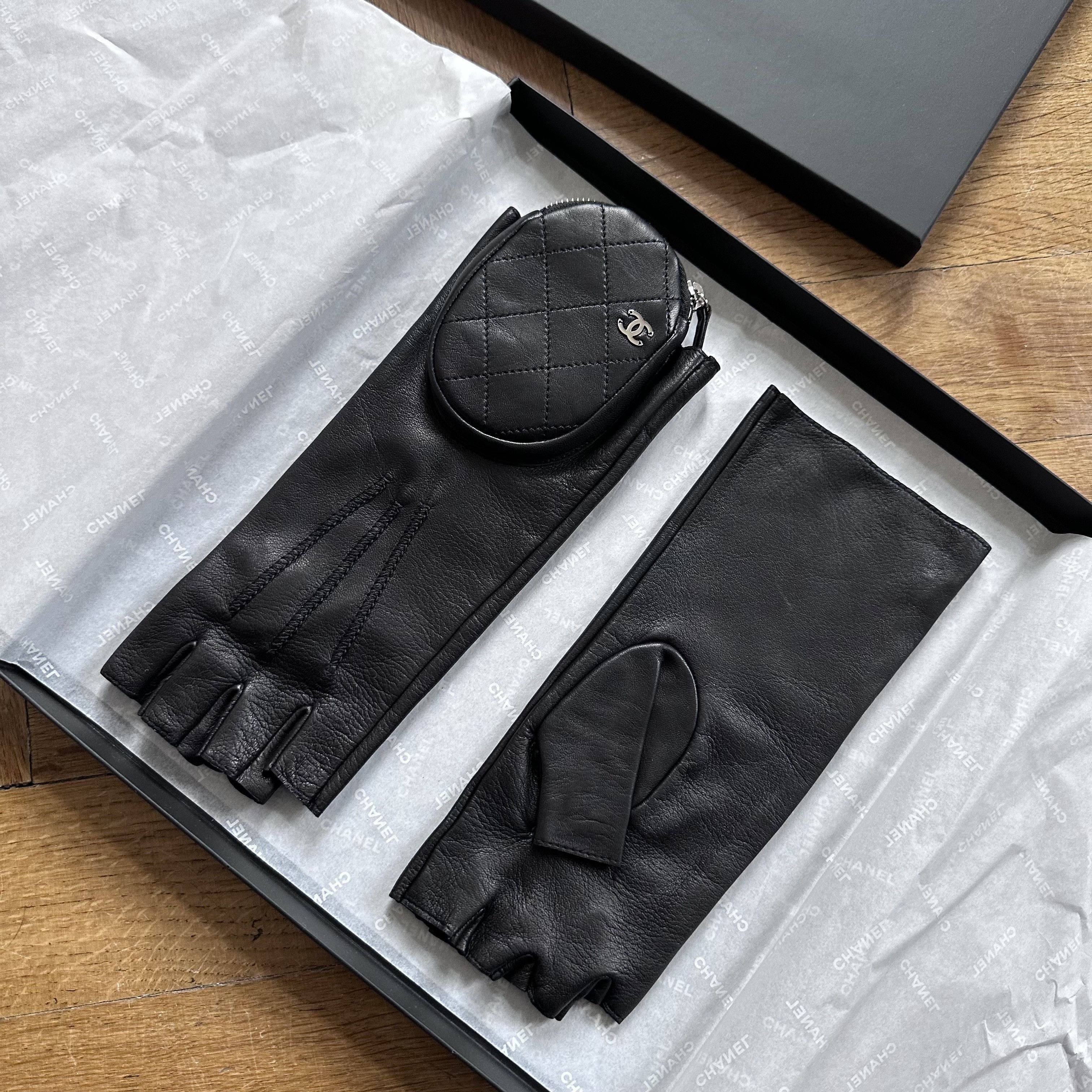 image of Chanel Black Leather Fingerless Pouch Gloves, Women's