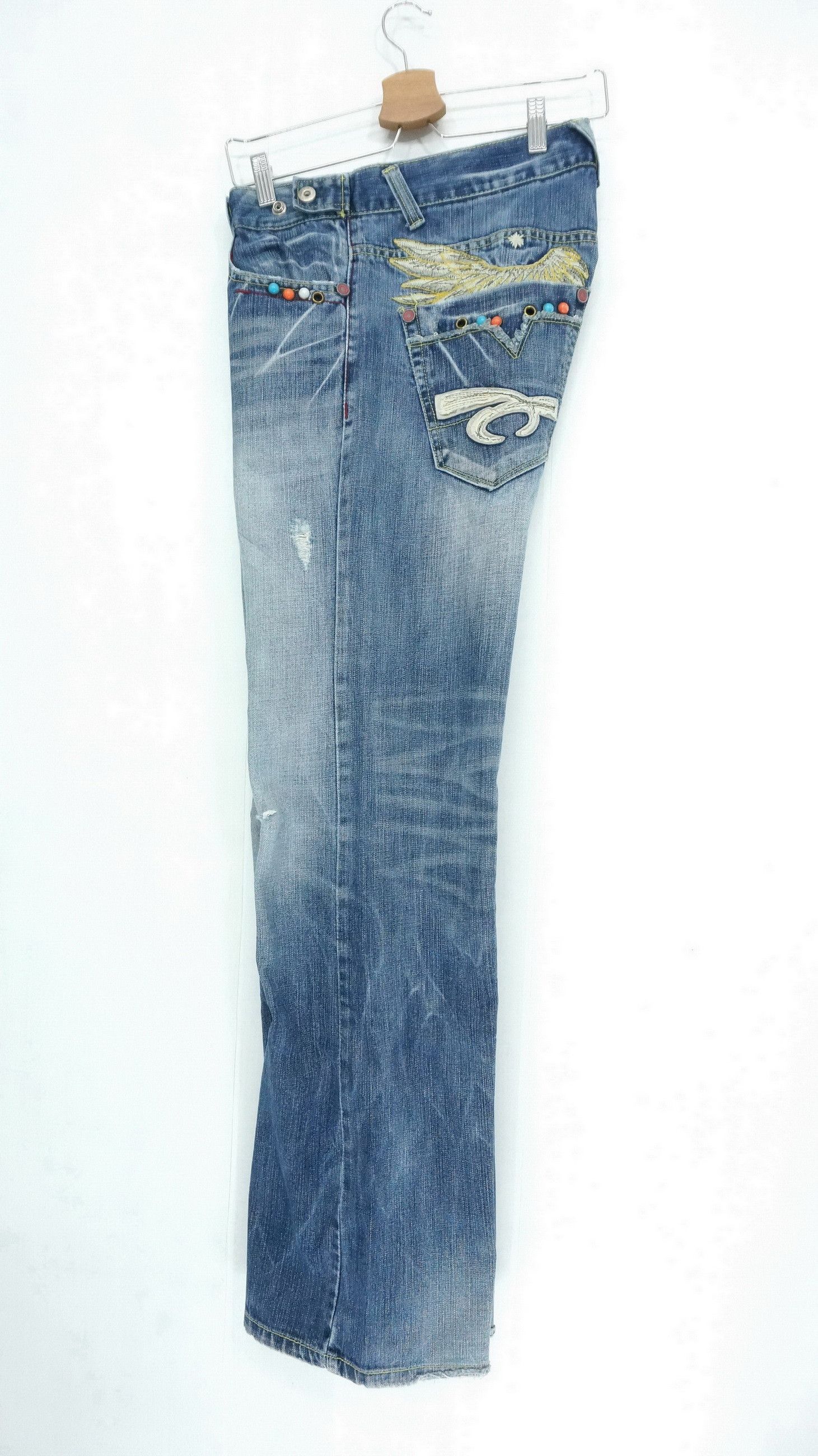 image of Distressed Denim Red Pepper Gold Label Classic Embroidered Flared Jeans in Denim Blue (Size 34)