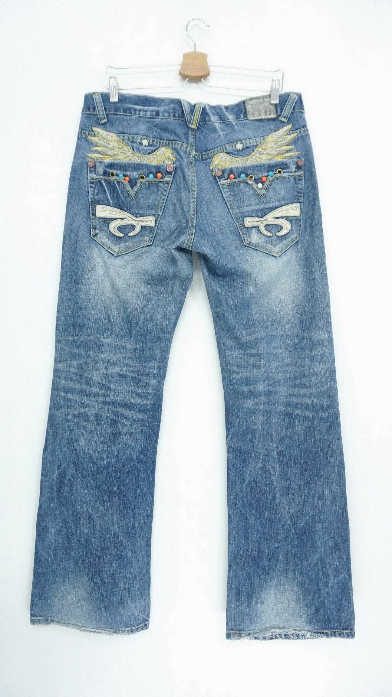 image of Distressed Denim Red Pepper Gold Label Classic Embroidered Flared Jeans in Denim Blue (Size 34)