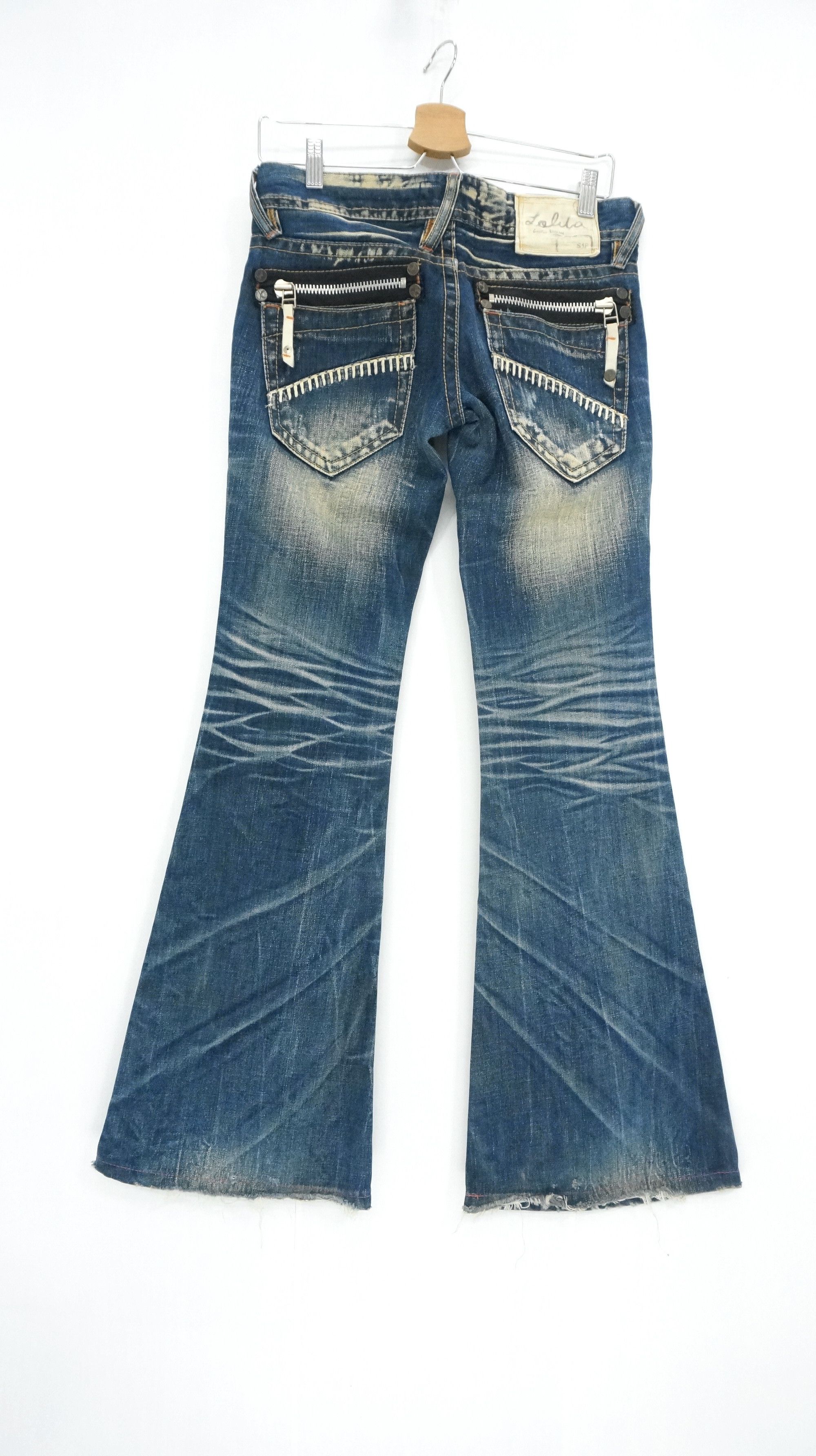 image of Distressed Denim x If Six Was Nine Dope Lolita Vintage Flared Sashiko Lowrise Jeans in Dark Blue (S