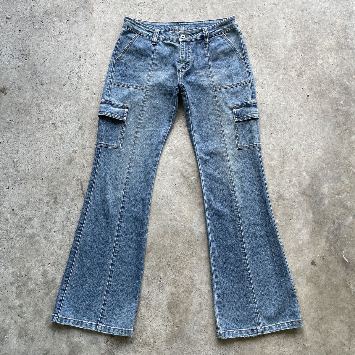 image of W30 Japanese Vintage Faded Denim Jeans Cargo Pants Flare in Faded Blue, Men's