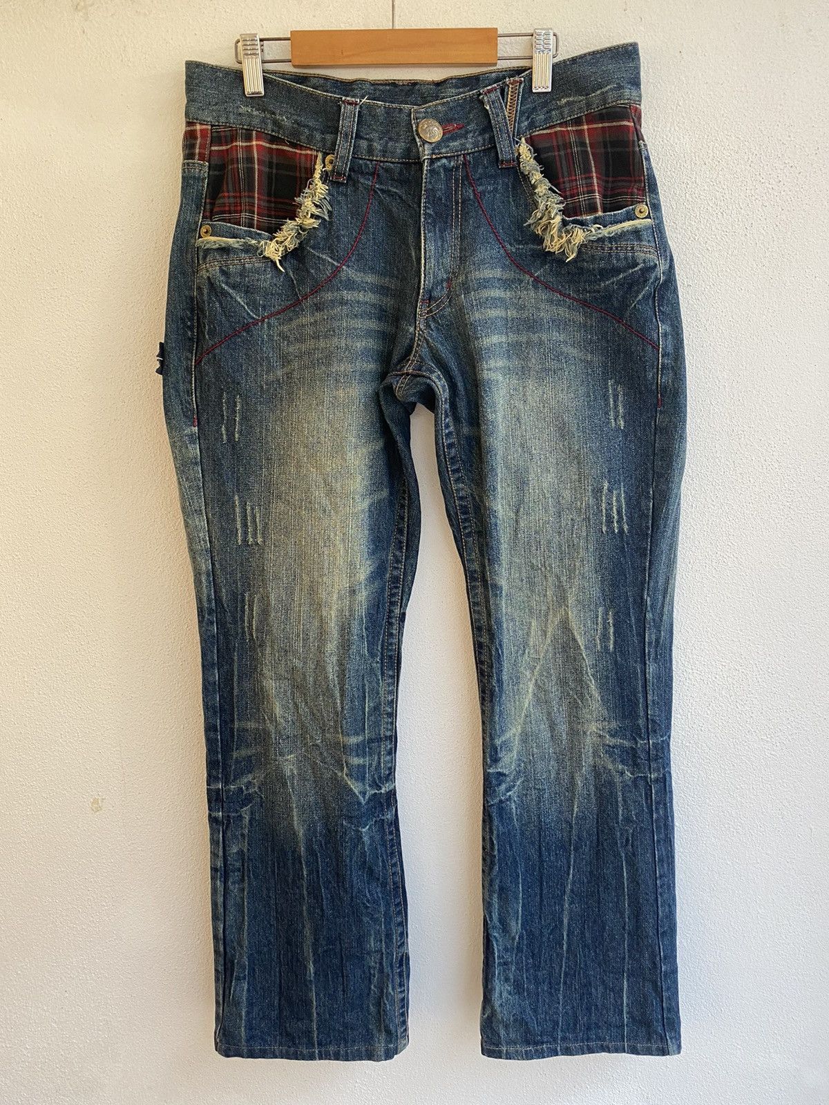 image of Vintage Japan Oil Cake Hybrid Tartan Flare Punk Raver Cowboy Kapital in Hybrid Jeans Denim (Size 31