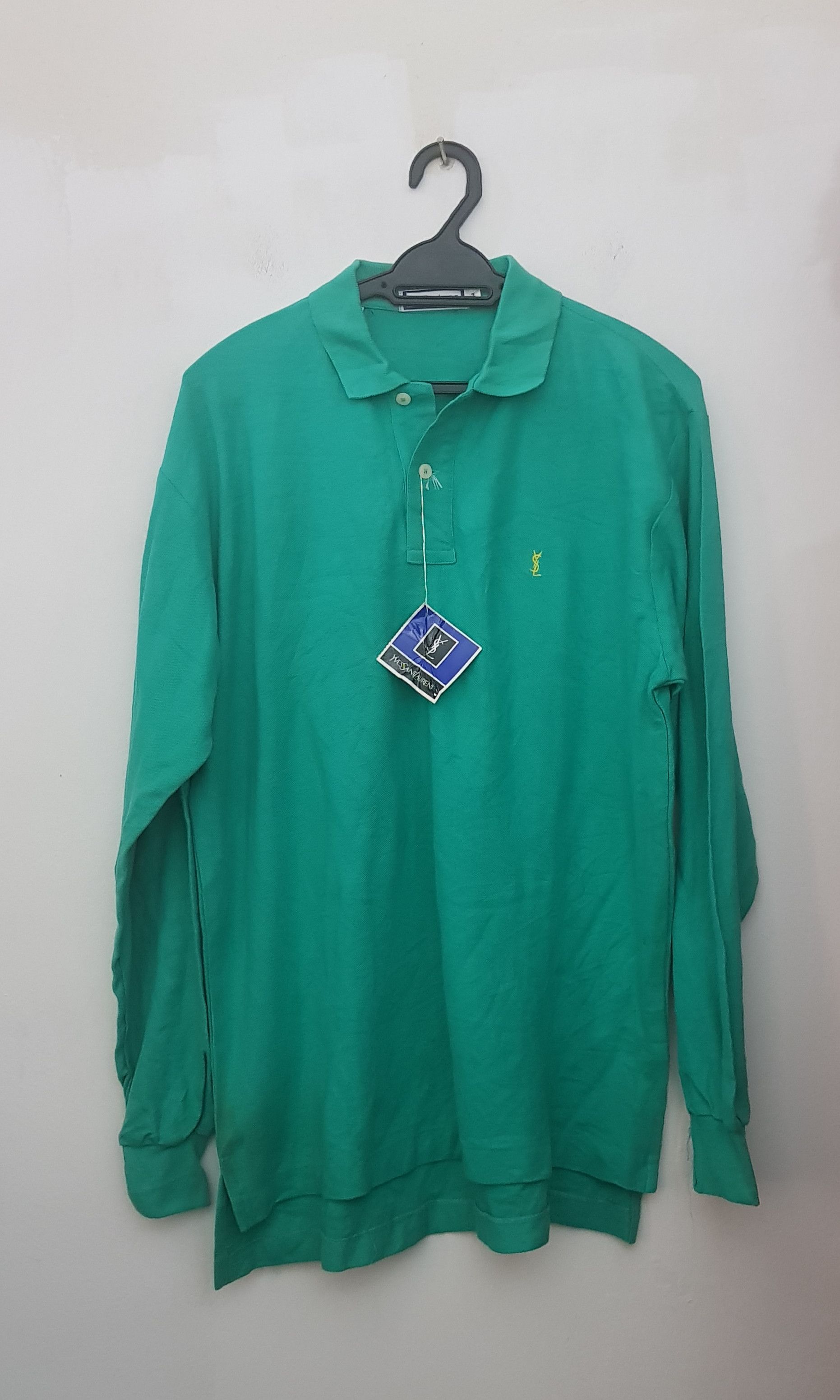 image of YSL Pour Homme x YSL Rive Gauche By Hedi Slimane YSL Long Sleeve Polo Shirt Nos With Tag Green In C