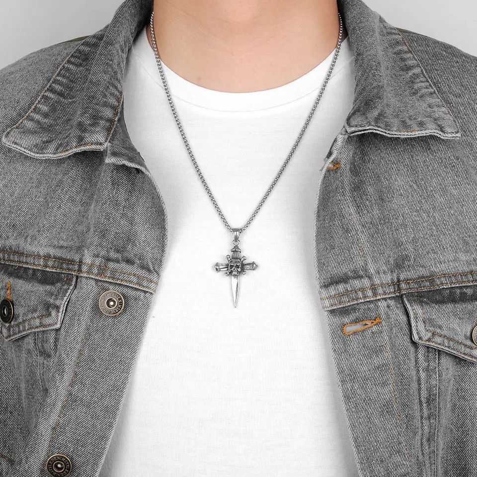 Jewelry Gothic Skull Cross Sword Pendant Necklaces Size ONE SIZE - 2 Thumbnail