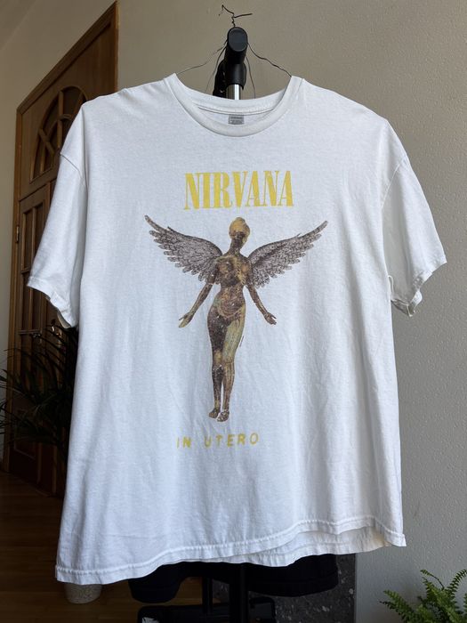 Tee-shirt Vintage Nirvana In Utero Années 90 - Marque Giant Tag - Taille L - Blanc - Occasion Très Bon état