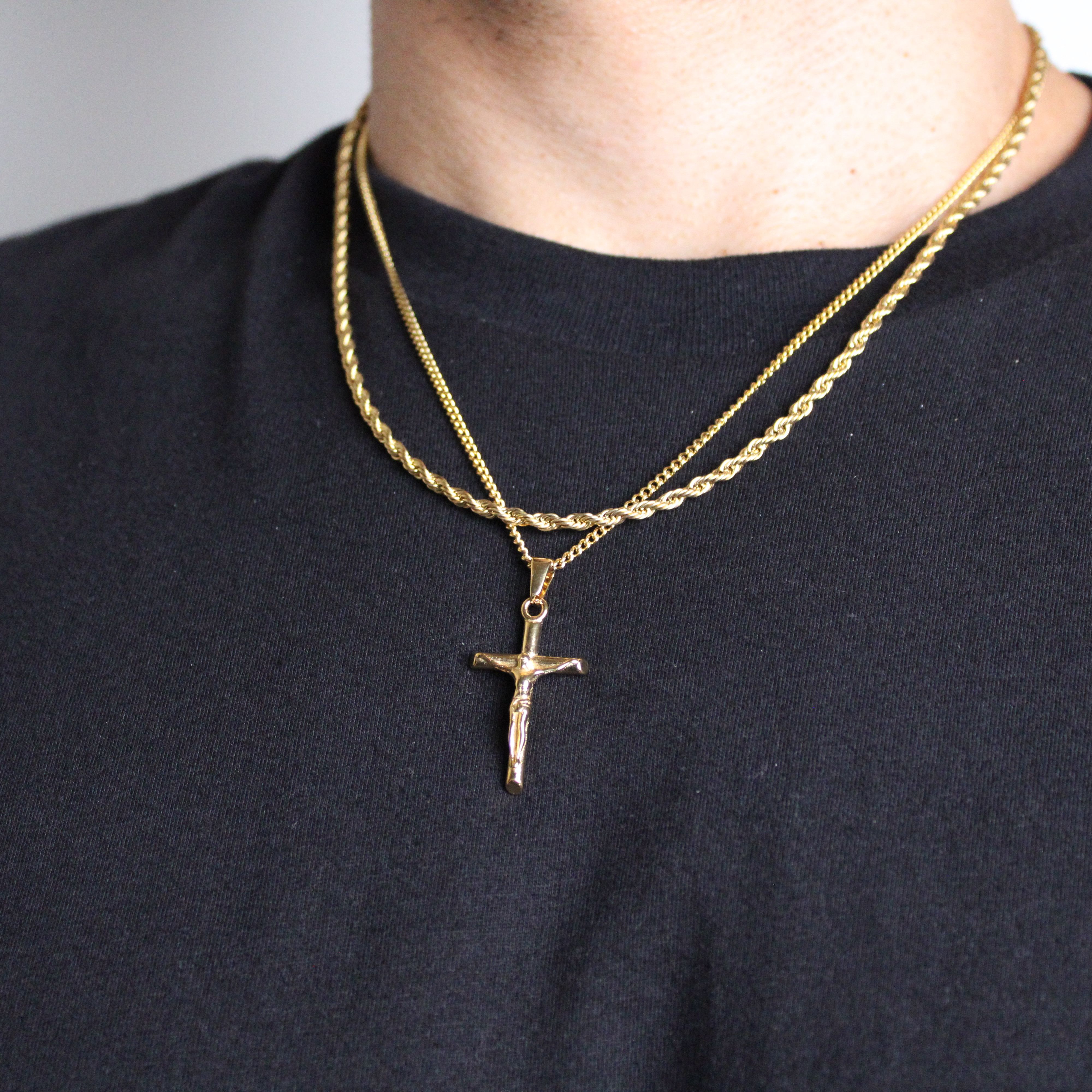 Jewelry Gold Crucifix Cross Pendant Necklace & 3mm Rope Chain Set Size ONE SIZE - 2 Thumbnail