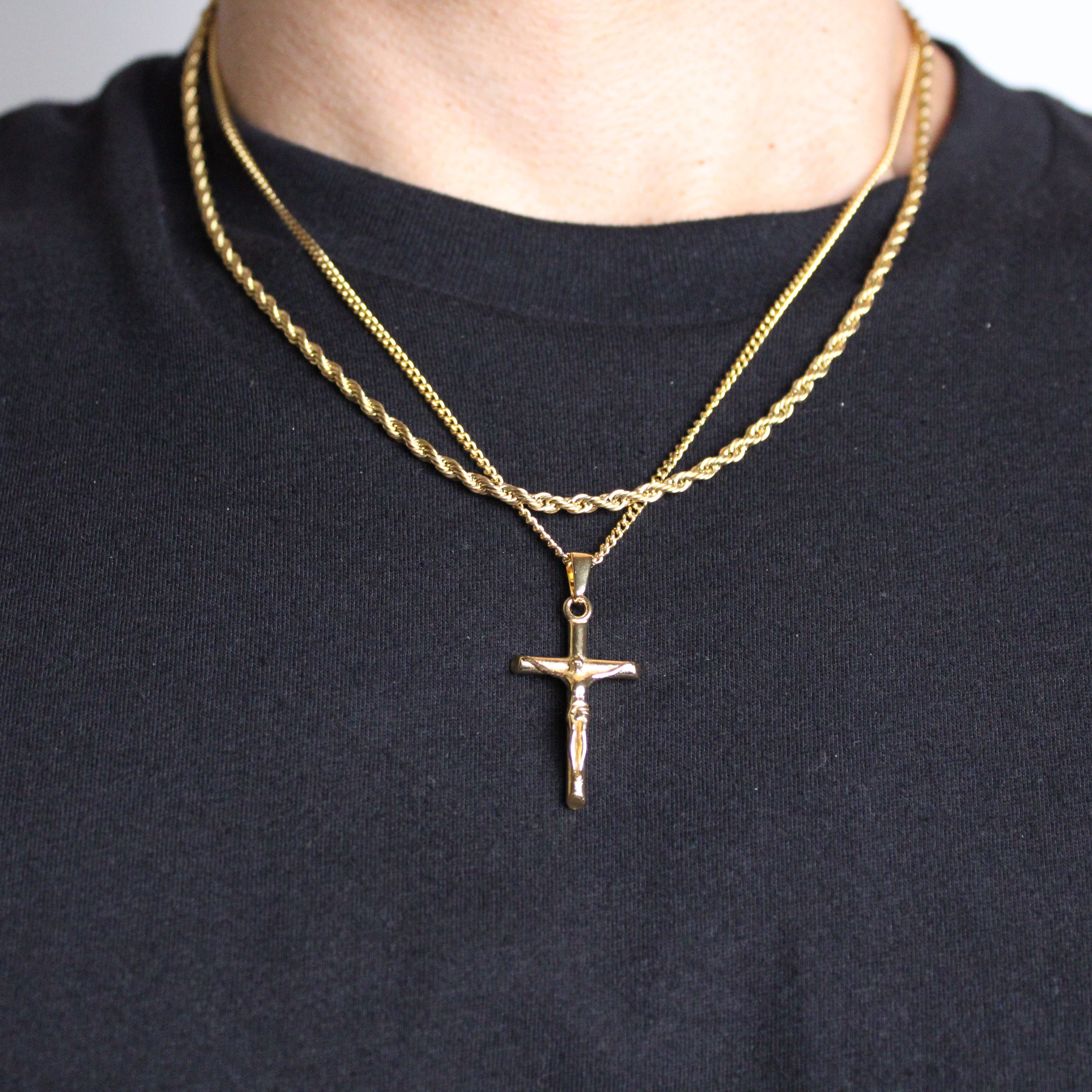 Jewelry Gold Crucifix Cross Pendant Necklace & 3mm Rope Chain Set Size ONE SIZE - 1 Thumbnail