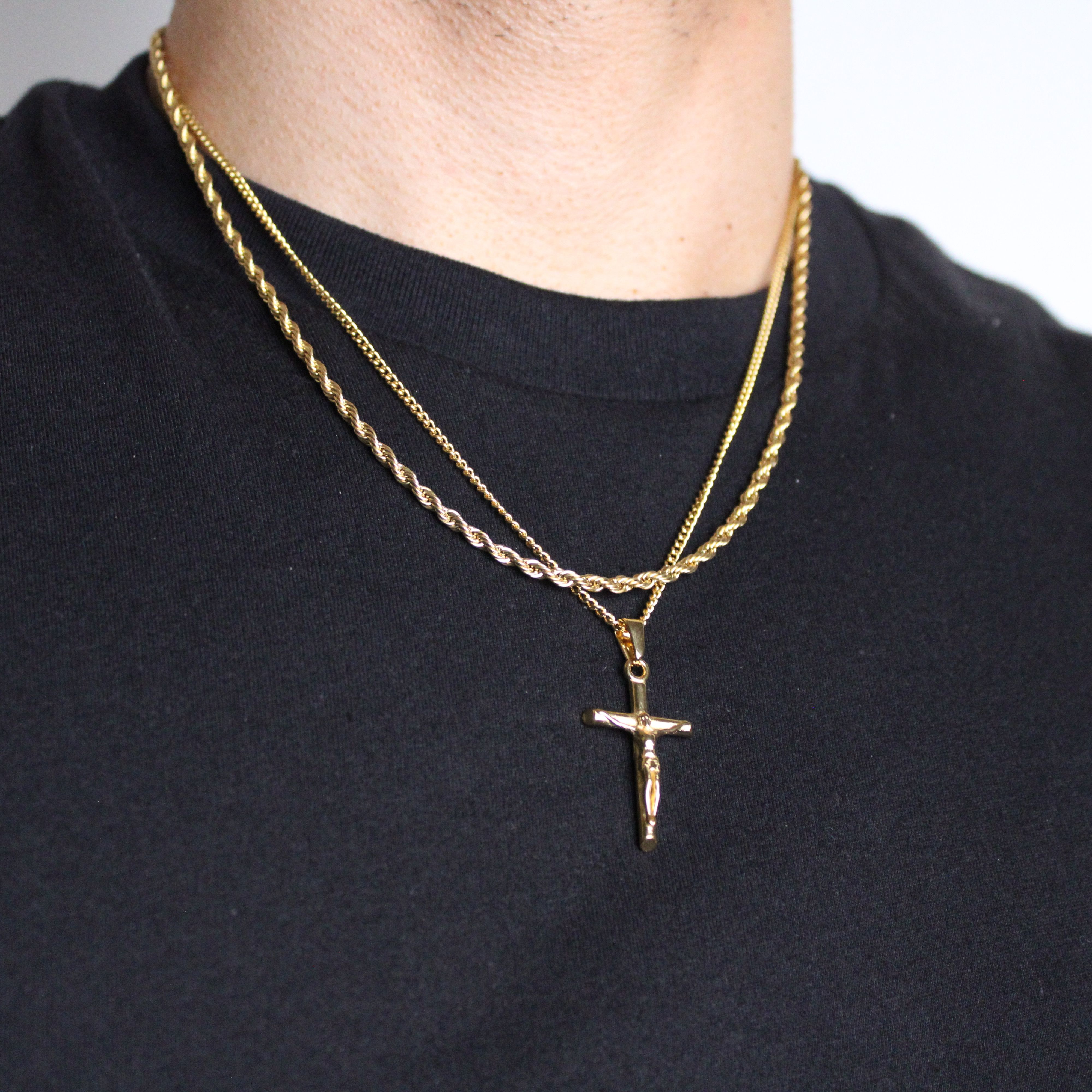 Jewelry Gold Crucifix Cross Pendant Necklace & 3mm Rope Chain Set Size ONE SIZE - 3 Thumbnail