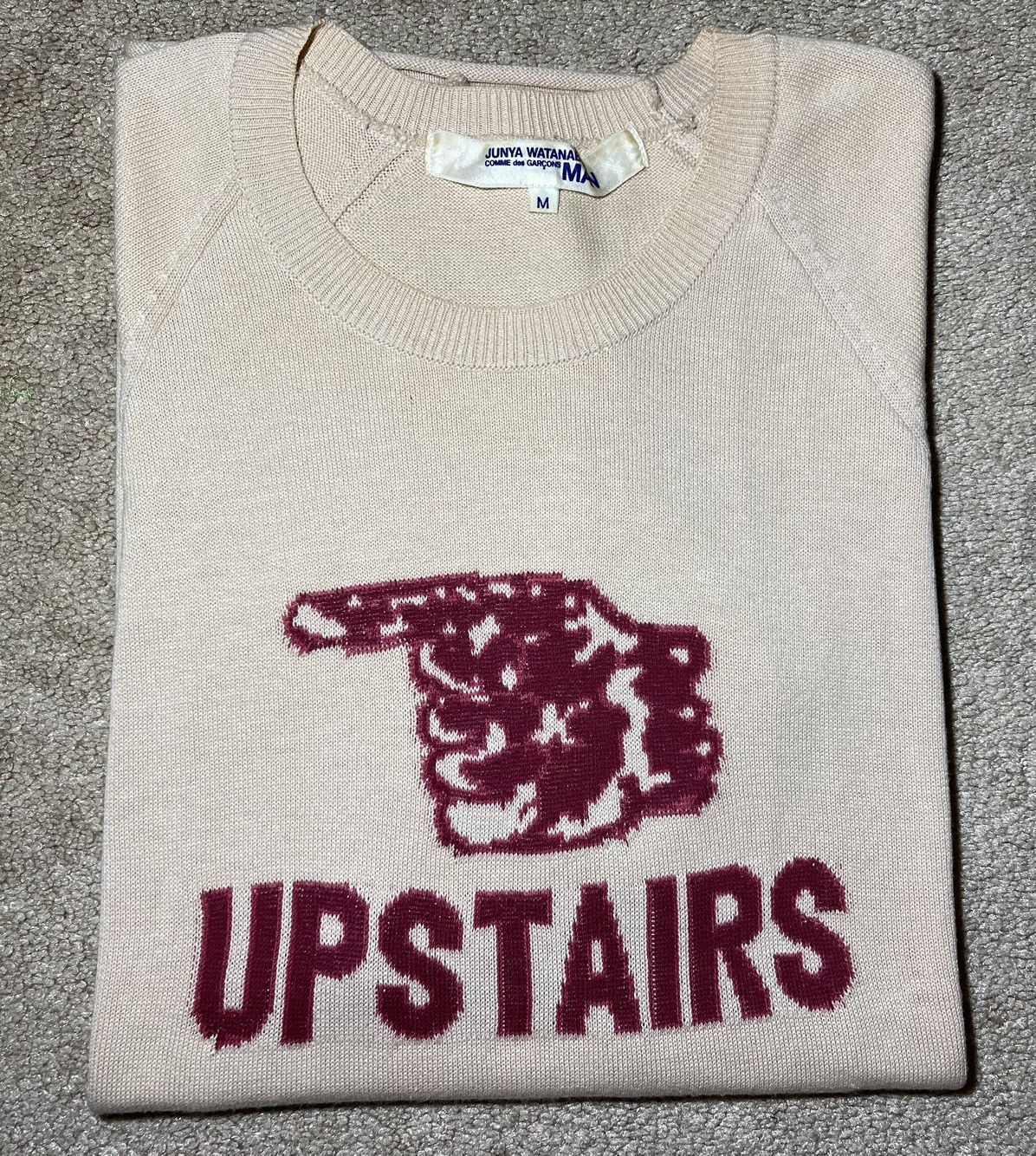 image of Junya Watanabe 2002 Junya Upstairs Pointing Finger S/s Knit Poster Sweater in Tan (Size Medium)