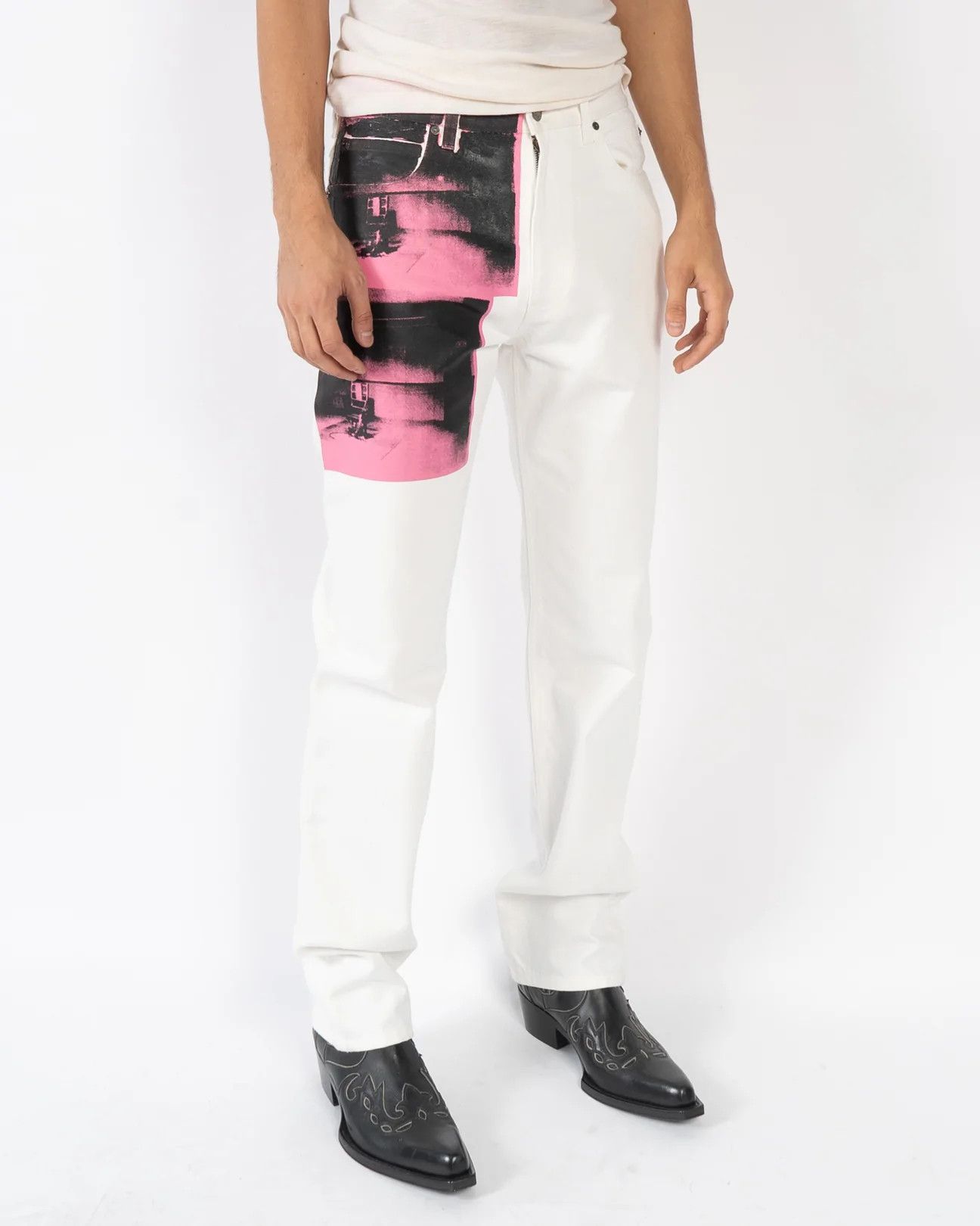 image of Calvin Klein 205W39Nyc x Raf Simons Pink Warhol Electric Chair Screenprint Denim in White (Size 30)