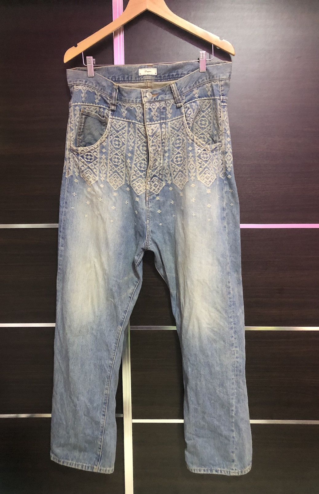 Iroquois Japan 🔥Iroquois Cross Art Design Pants Buckle Back Jeans Size US 34 / EU 50 - 2 Thumbnail