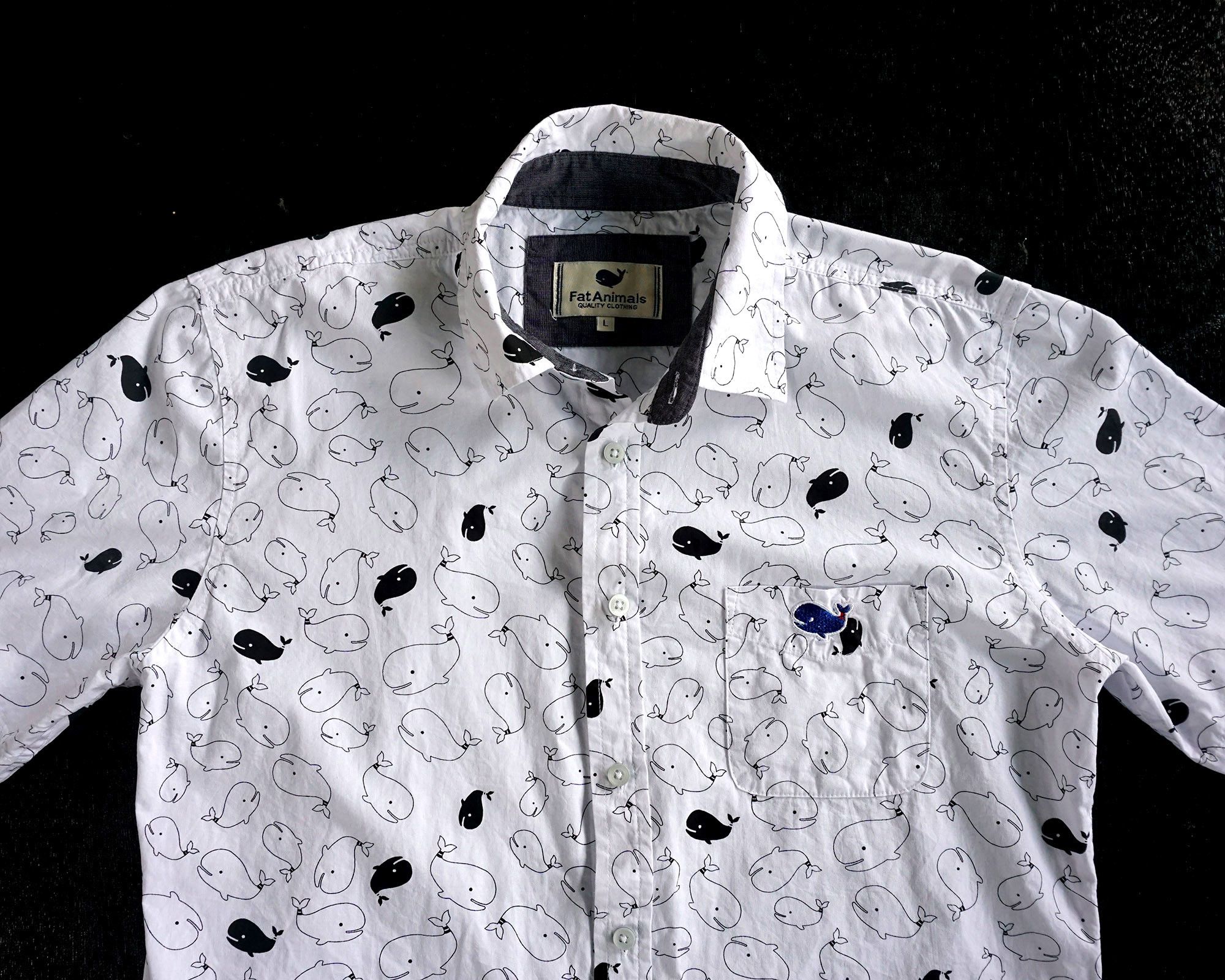 image of Aloha Wear Fat Animals Full Printed Whales Images Short Sleeves Shirt in White, Men's (Size Medium)