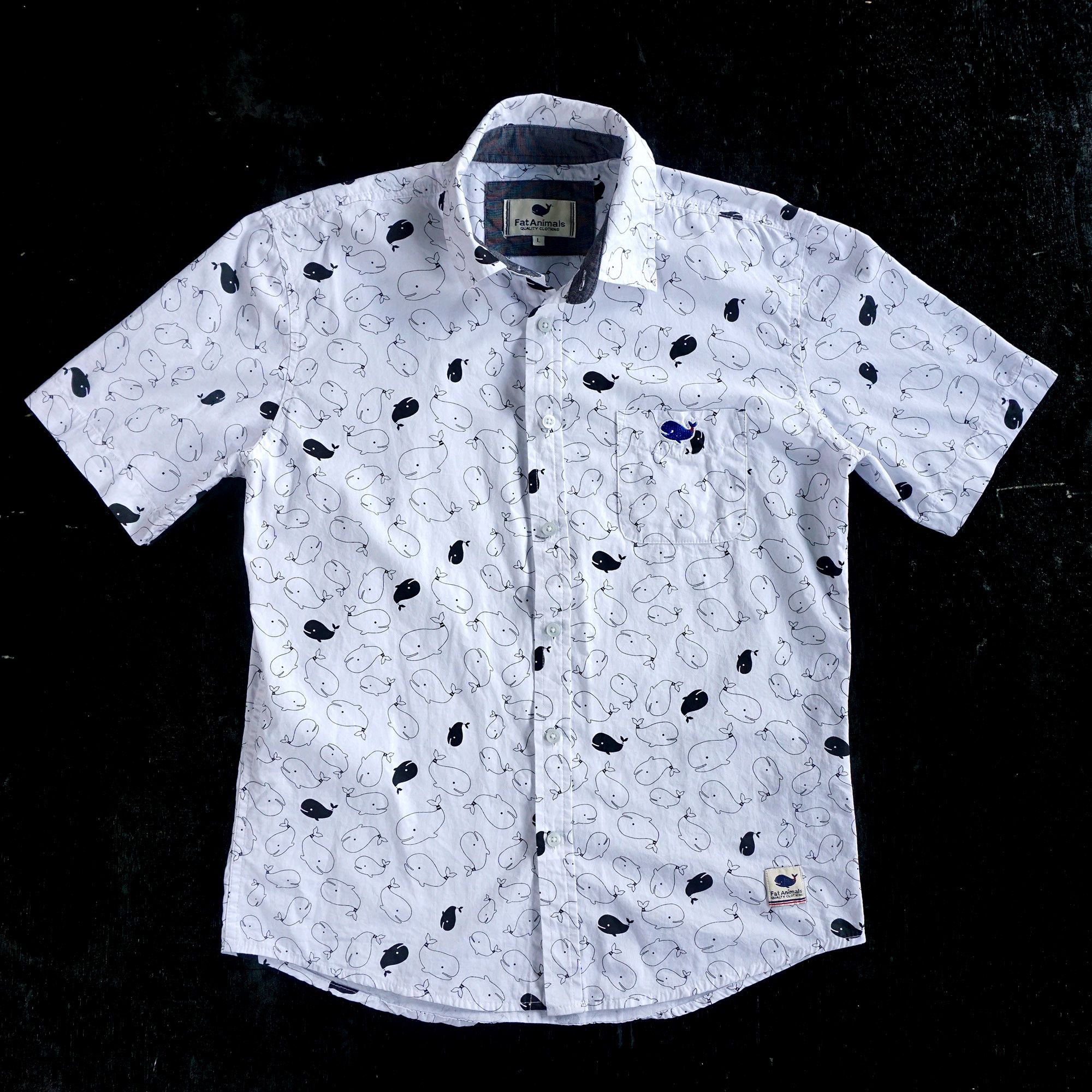 image of Aloha Wear Fat Animals Whales Images Short Sleeves Shirt in White, Men's (Size Medium)
