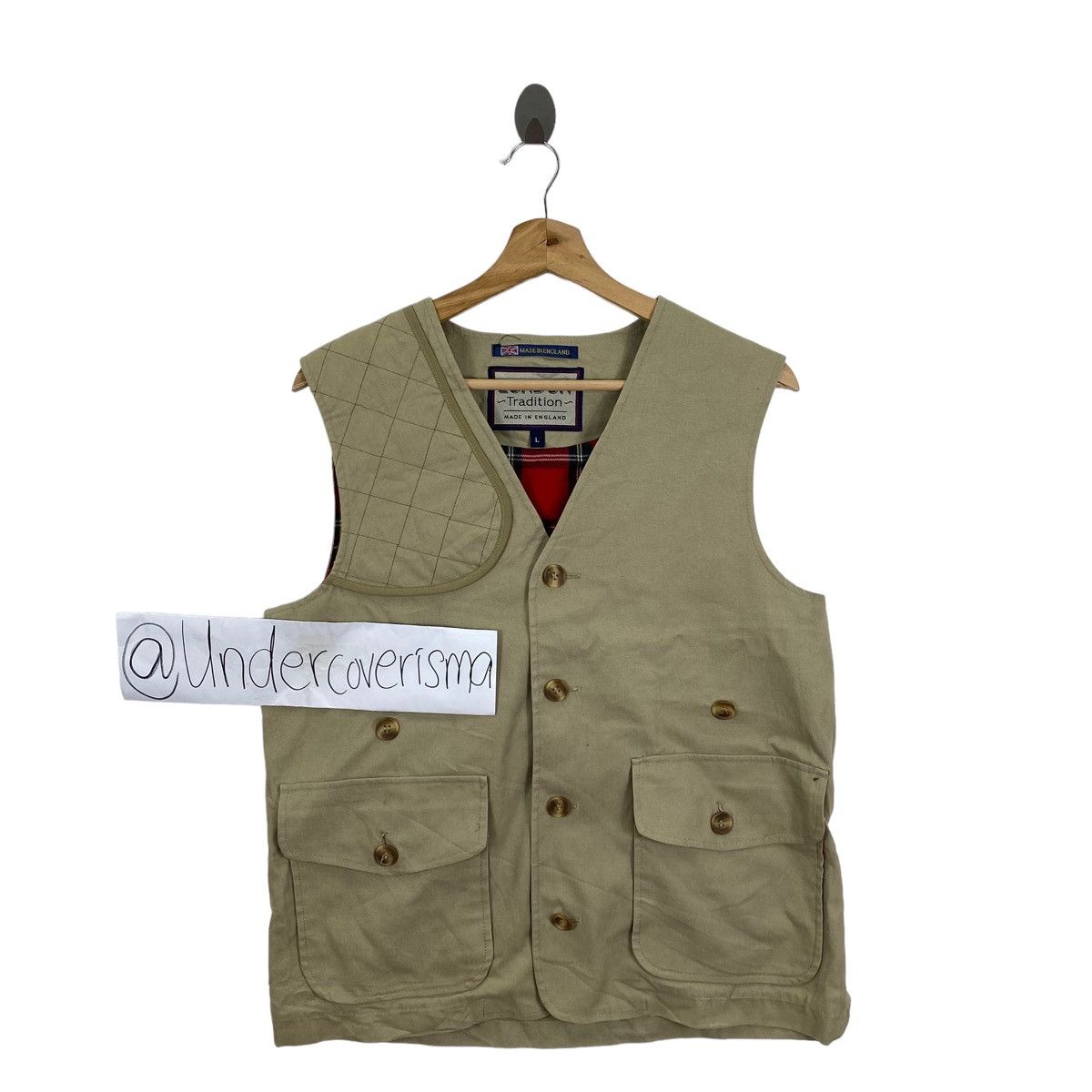 image of Vintage London Tradition England Check Tartan Button Up Vest in Beige, Men's (Size Large)