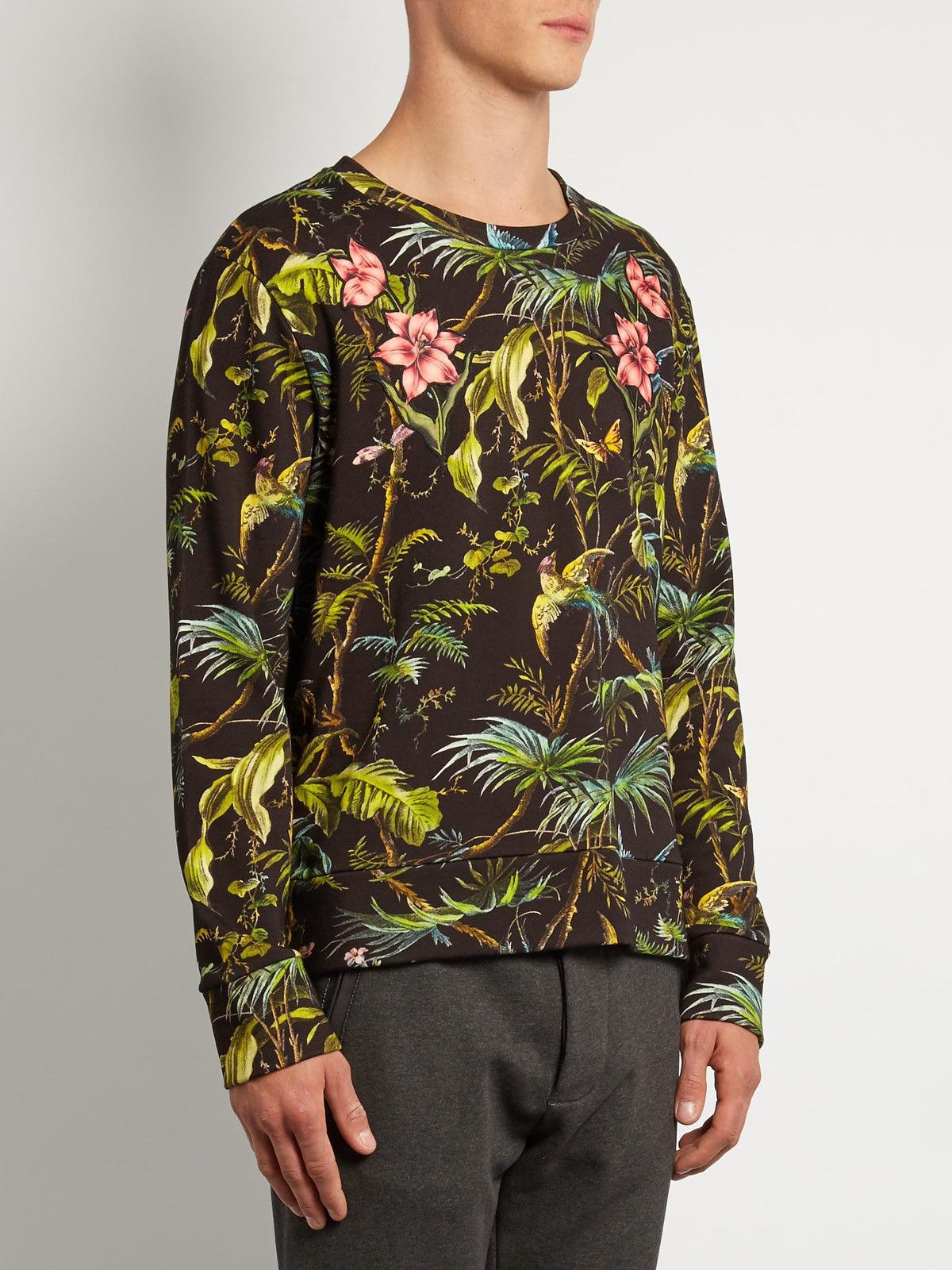 image of Gucci Tropical Print Floral Appliqué Cotton Sweatshirt in Green, Men's (Size Small)