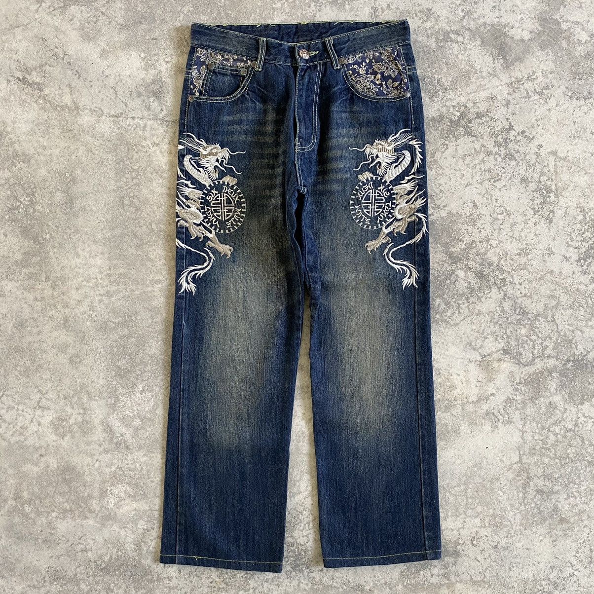 Japanese Brand Karakuri Style DS Co Dragon Embroidered Tattoo Sukajan Jeans Size US 32 / EU 48 - 1 Thumbnail