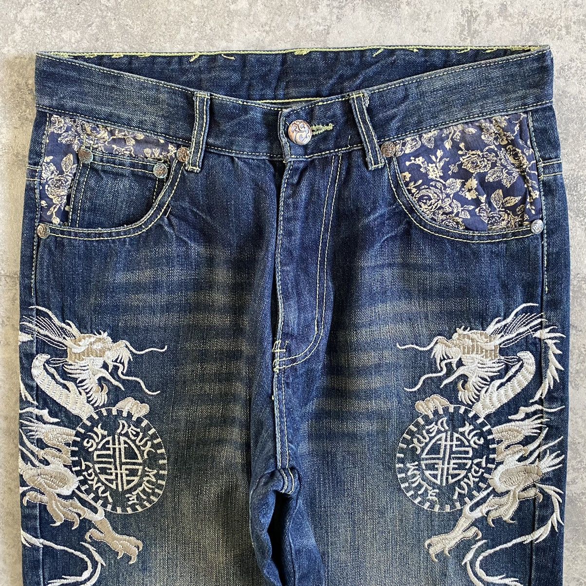 Japanese Brand Karakuri Style DS Co Dragon Embroidered Tattoo Sukajan Jeans Size US 32 / EU 48 - 3 Thumbnail