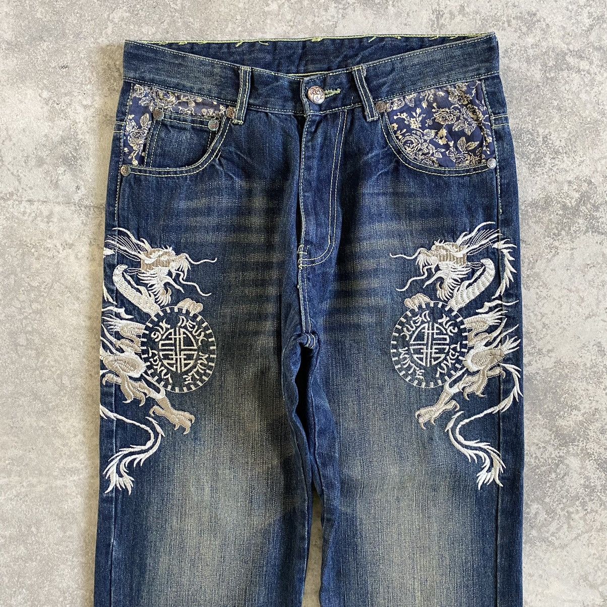Japanese Brand Karakuri Style DS Co Dragon Embroidered Tattoo Sukajan Jeans Size US 32 / EU 48 - 2 Thumbnail