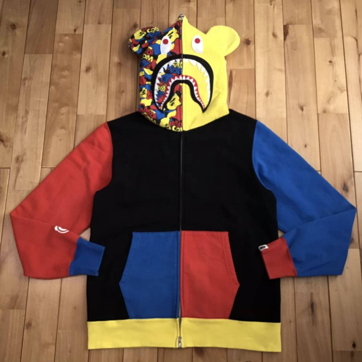 image of Bape × Medicom Toy Be@r Shark Full Zip Hoodie A Bathing Ape in Yellow/Red/Blue, Men's (Size Large)