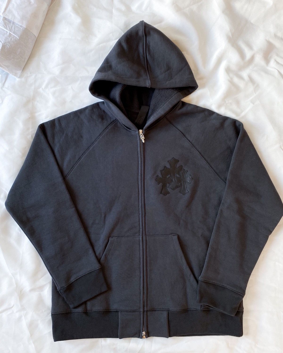 image of Chrome Hearts Triple Cross Patch Ynot Black Zip Up Hoodie, Men's (Size Large)