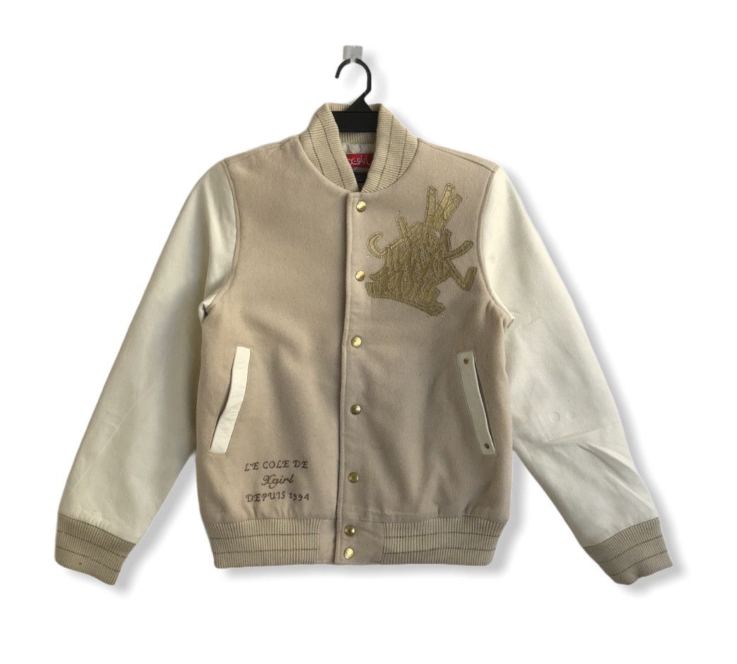 image of X-Girl Cow Hide Leather & Wool Varsity Jacket in Cream, Men's (Size Small)