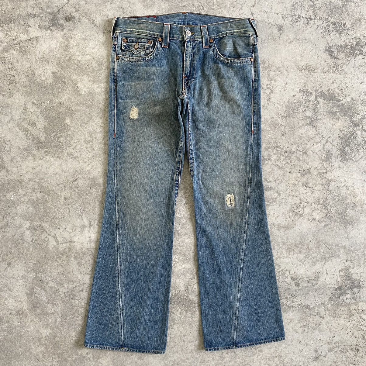 Vintage True Religion Spiral Cut Ripped Flared Denin Jeans