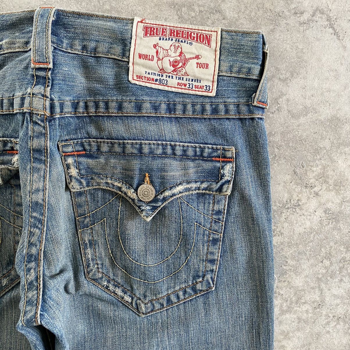 Vintage True Religion Spiral Cut Ripped Flared Denin Jeans