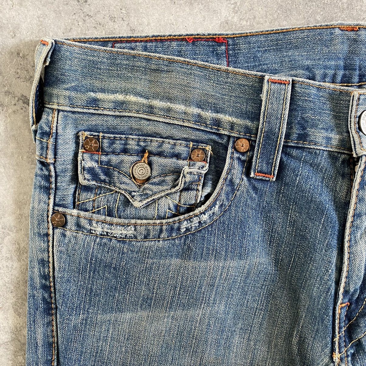 Vintage True Religion Spiral Cut Ripped Flared Denin Jeans