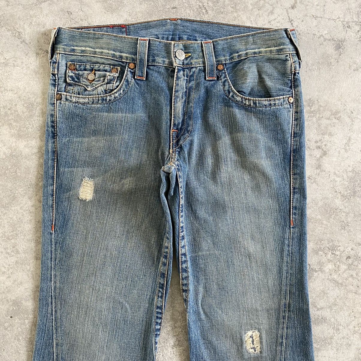 Vintage True Religion Spiral Cut Ripped Flared Denin Jeans