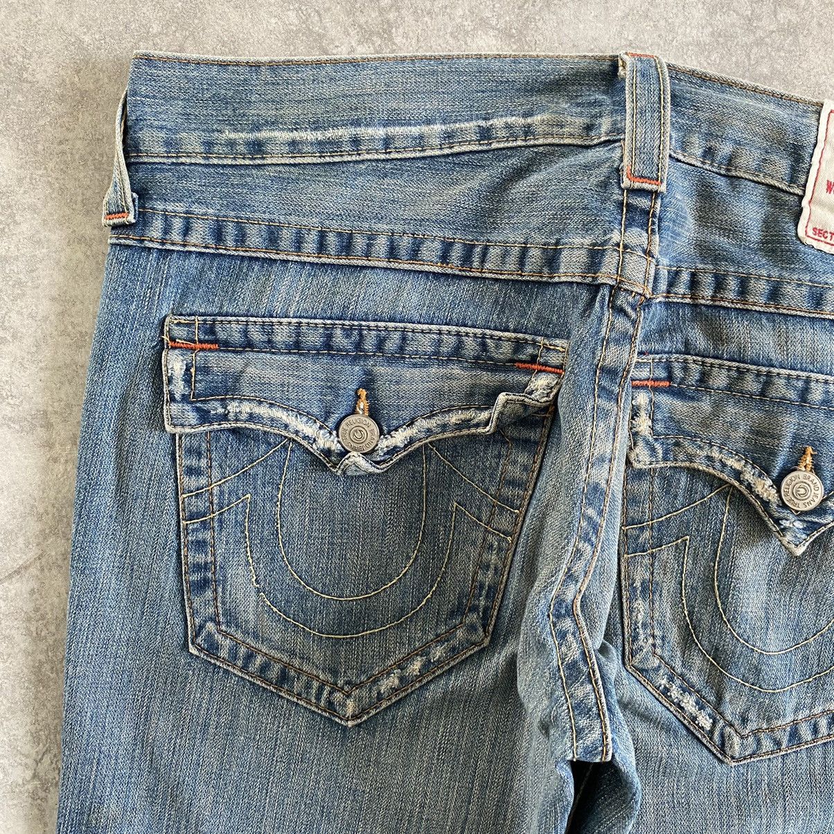 Vintage True Religion Spiral Cut Ripped Flared Denin Jeans