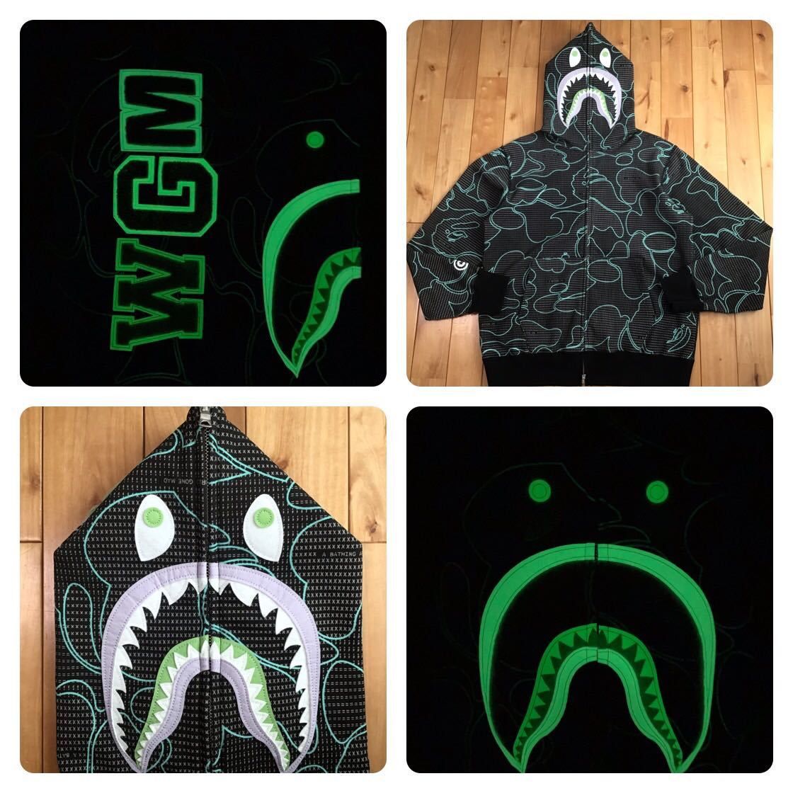 image of Bape Glow In The Dark Text Code Camo Shark Full Zip Hoodie in Black/Gray, Men's (Size XL)