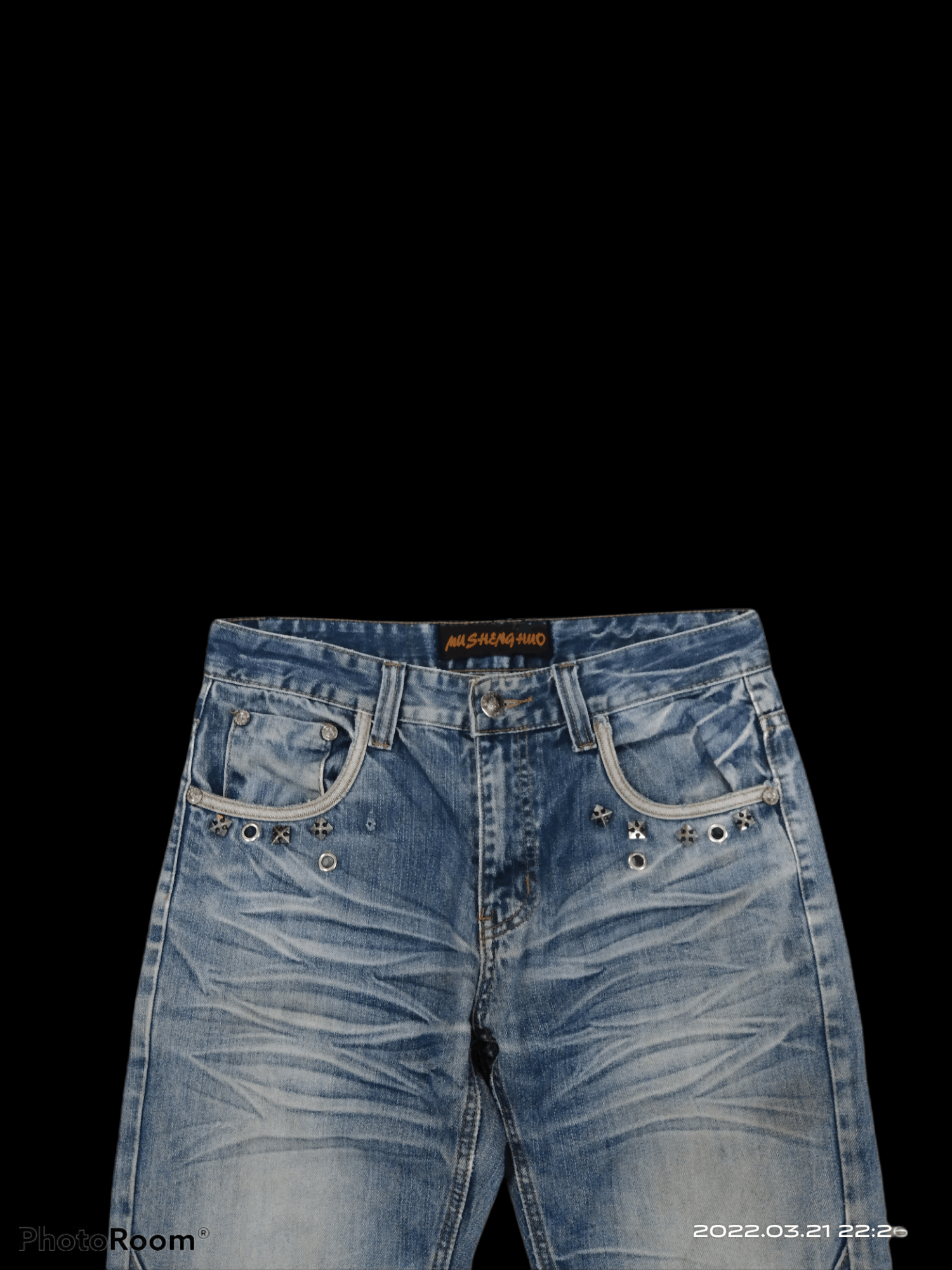 Japanese Brand DiSTRESSED MUSHENGHU0 STUDDED DENIM PANTS Size US 30 / EU 46 - 3 Thumbnail