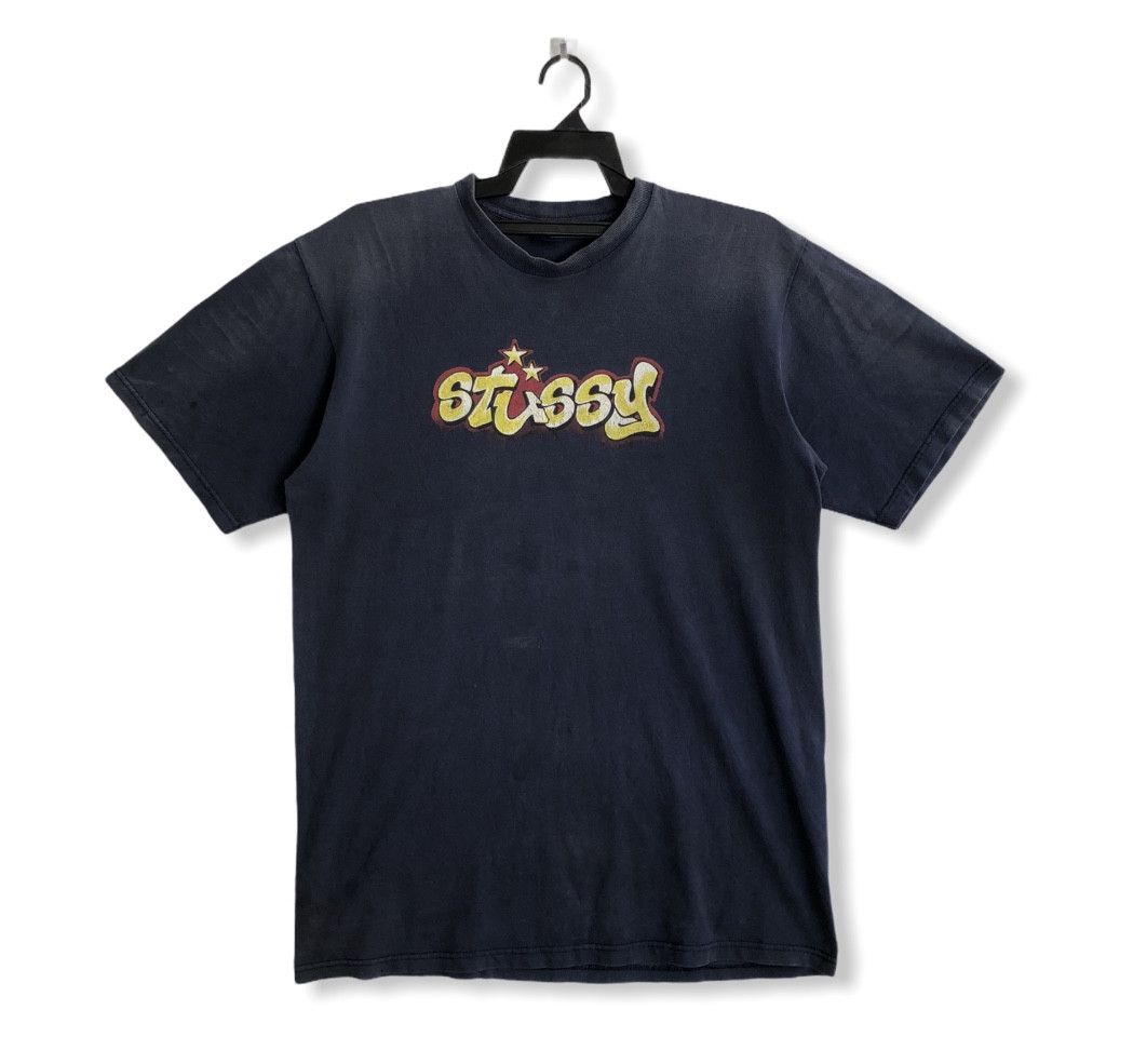 image of Distressed Stussy Spellout Tee in Navy, Men's (Size Large)