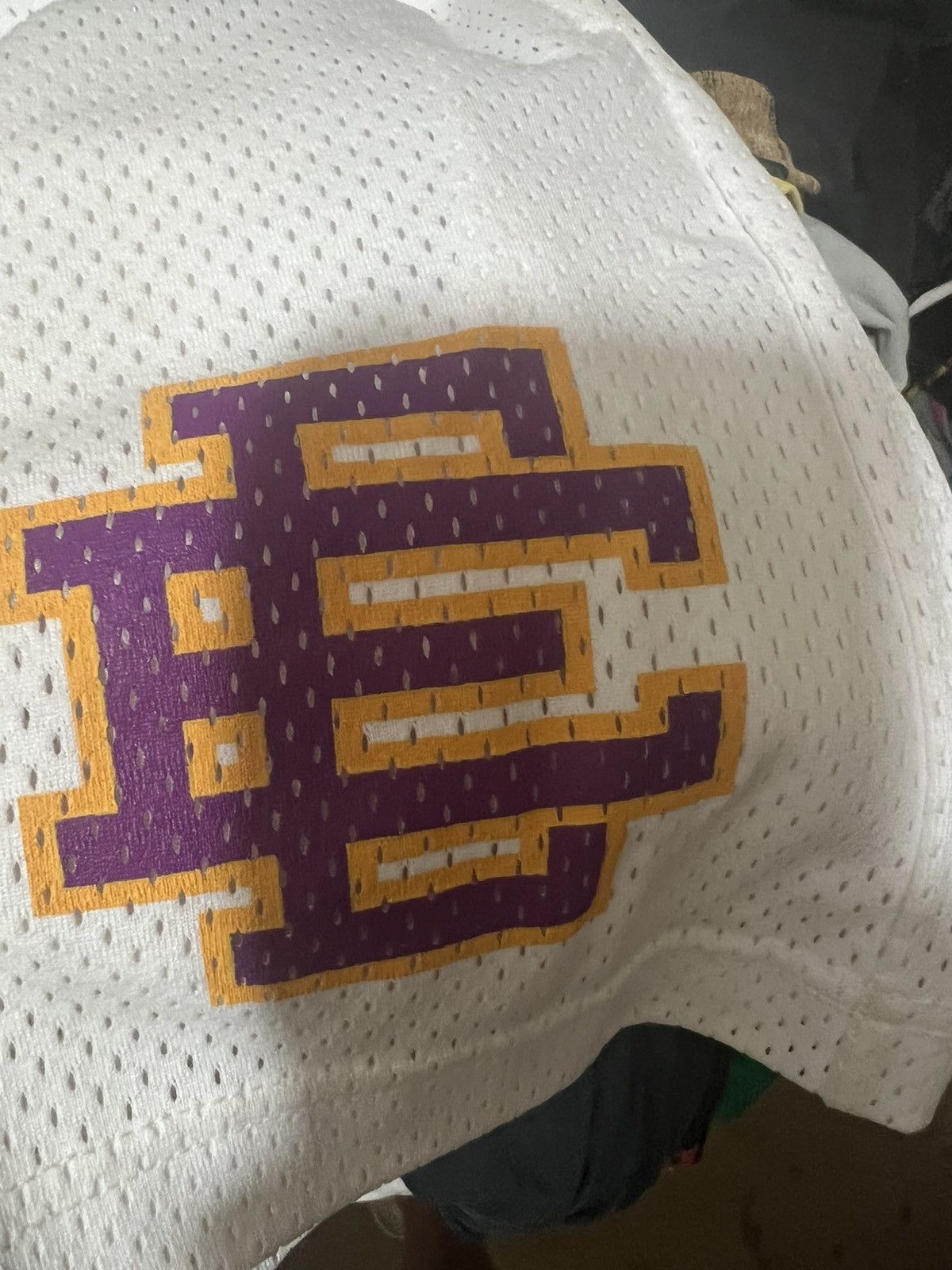 Eric Emanuel white with purple and gold EE shorts large