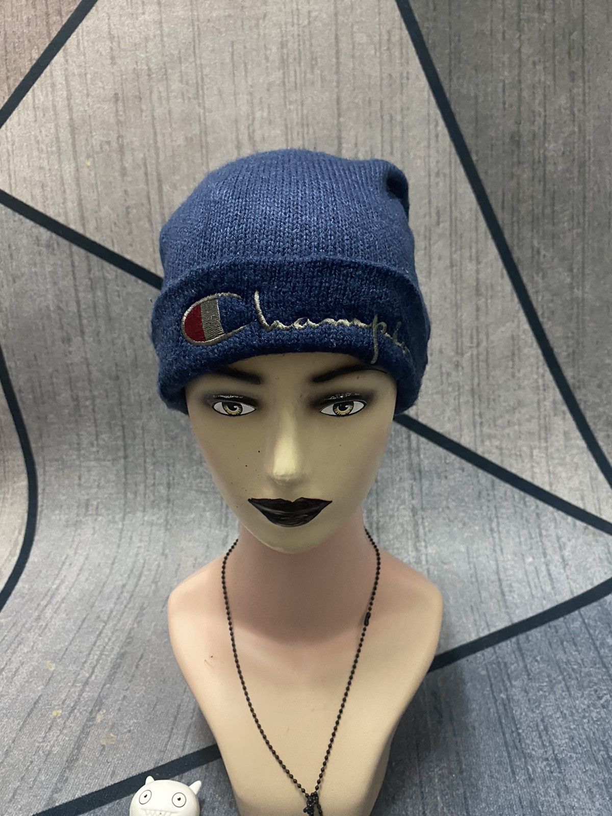 image of Champion Embroidered Logo Beanie Hat in Blue Black, Men's