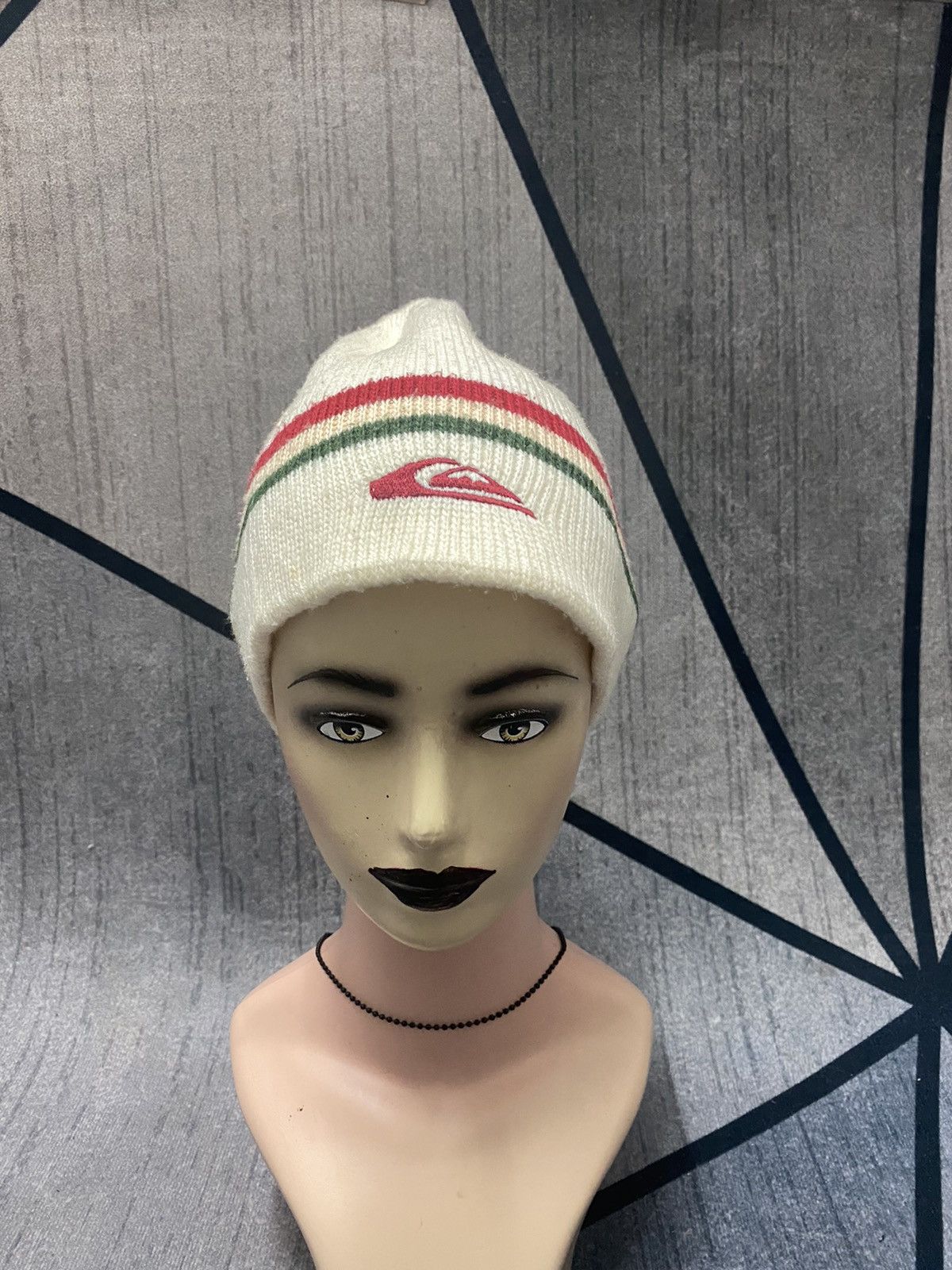 image of Quicksilver Stripes Embroidered Logo Beanie Hat in Pearl White, Men's