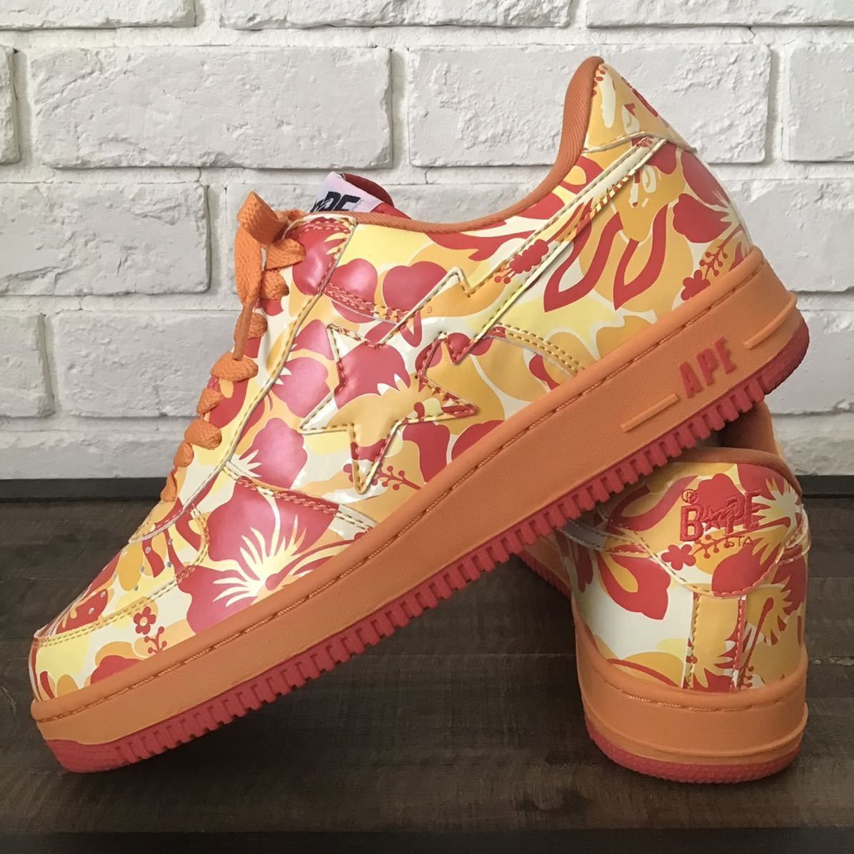 image of Bapesta Patent Leather Sneakers Aloha Camo Bape Sta Ape in Orange, Men's (Size 10)