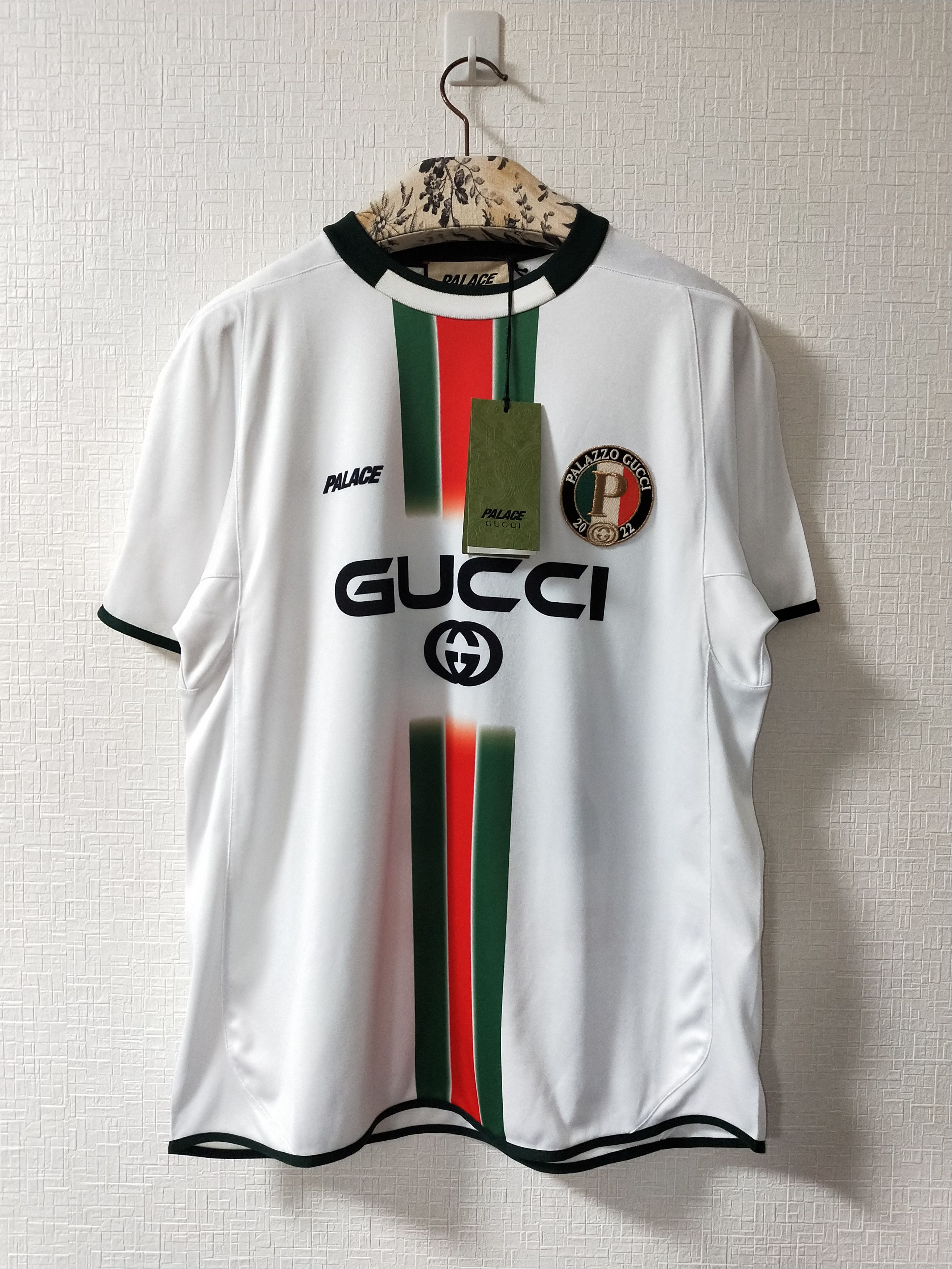 image of Gucci x Palace Printed Football Technical Jersey Tee in White, Men's (Size Small)