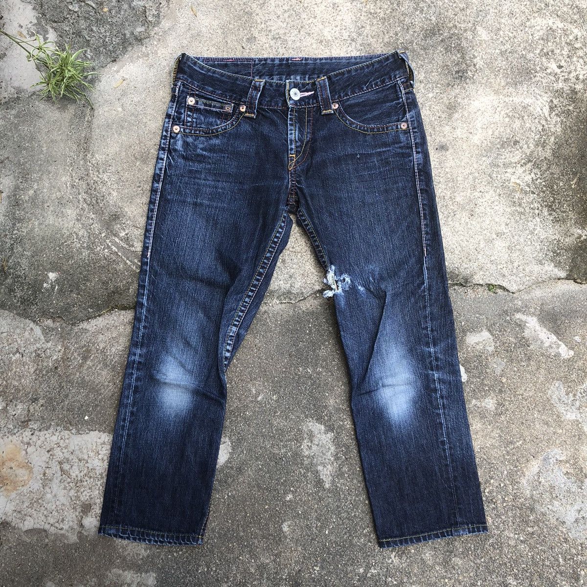 image of Distressed Denim x Levis Stoned Wash Rips Distress Cropped Denim Jeans in Blue Wash, Women's (Size 